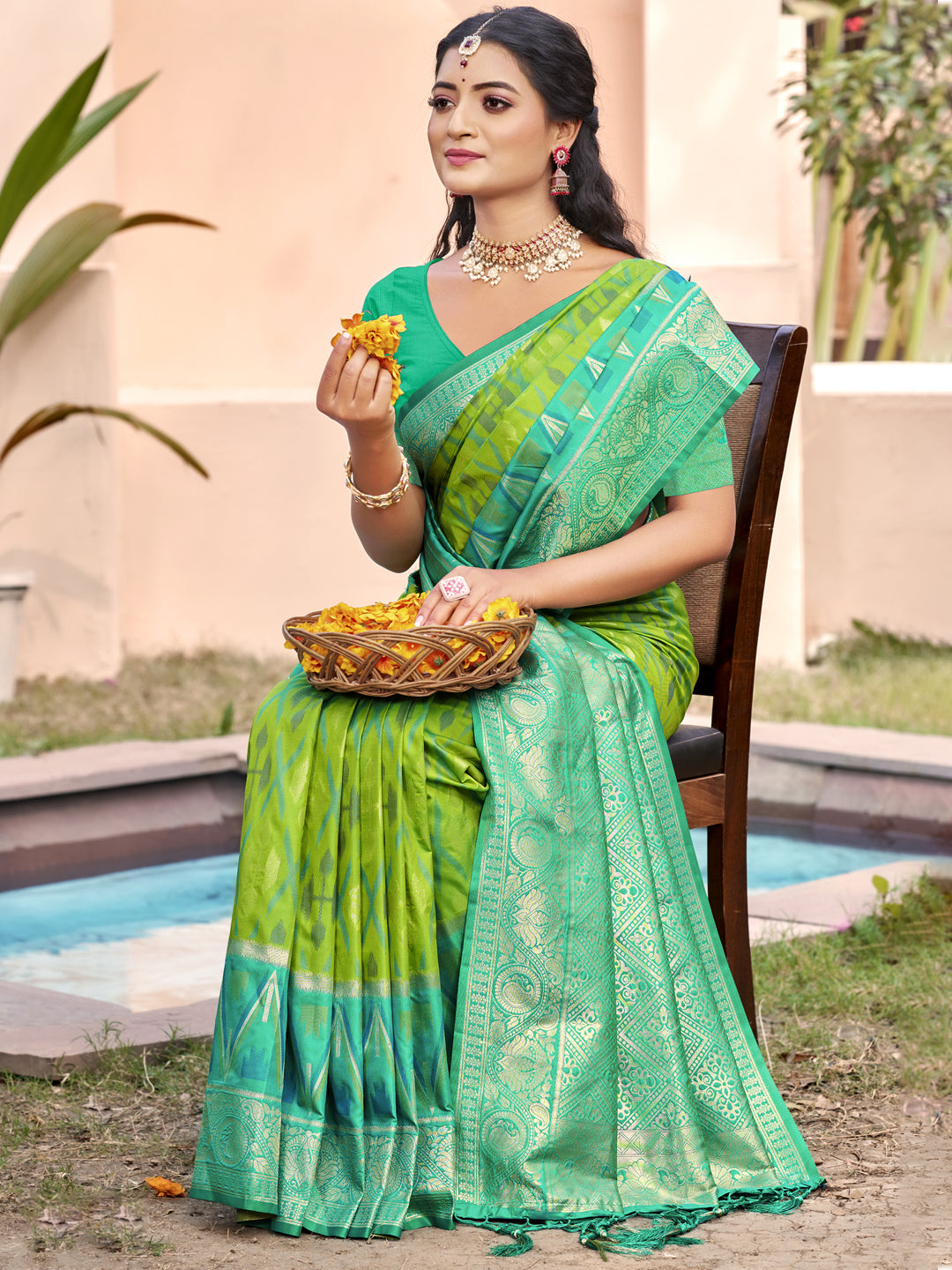 Crimson Ikat Powerloom Silk (F) Ready To Wear Pocket Saree