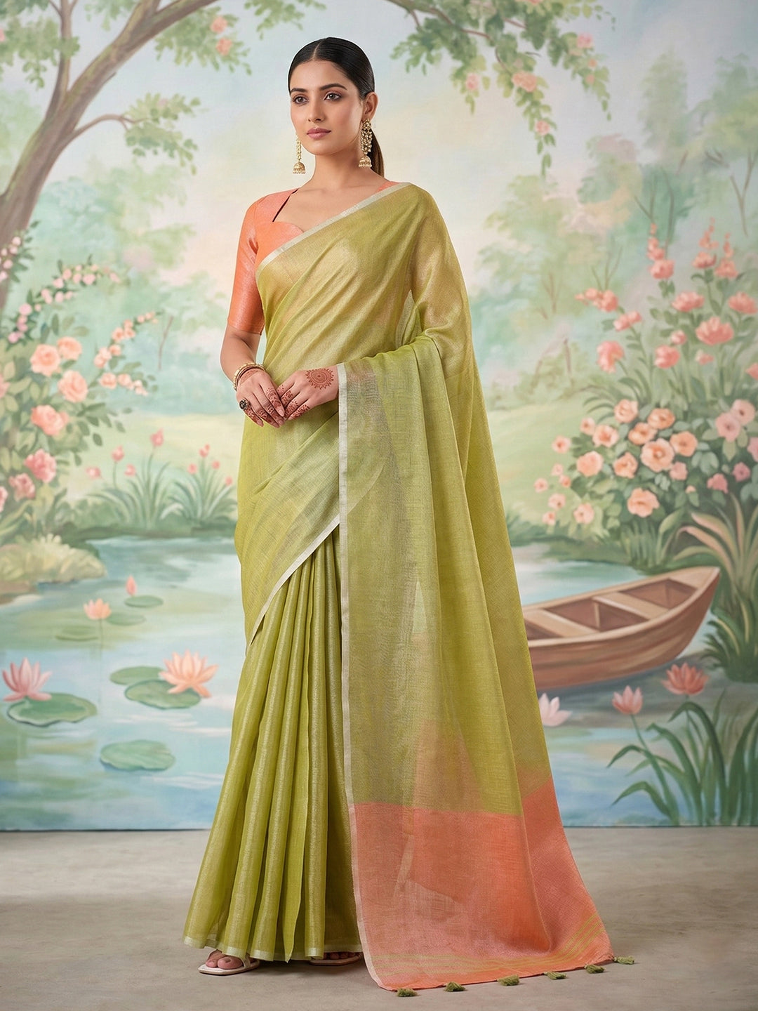 Anvika Tissue Silk Ready To Wear Pocket Saree | Green