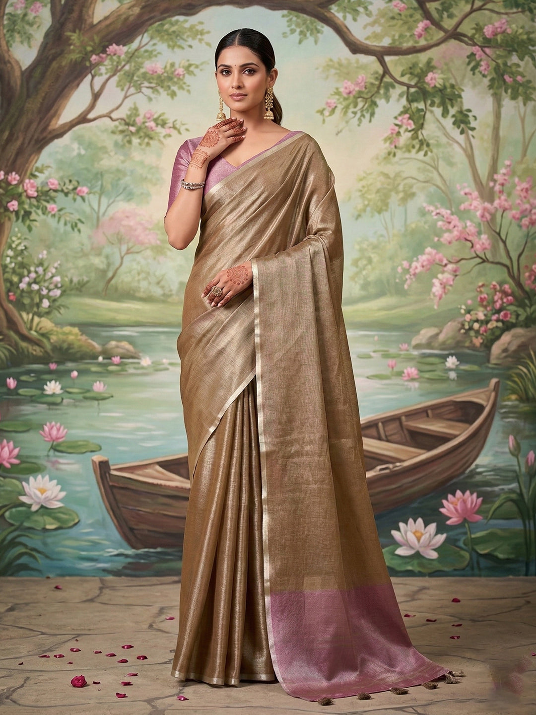Anvika Tissue Silk Ready To Wear Pocket saree | Brown