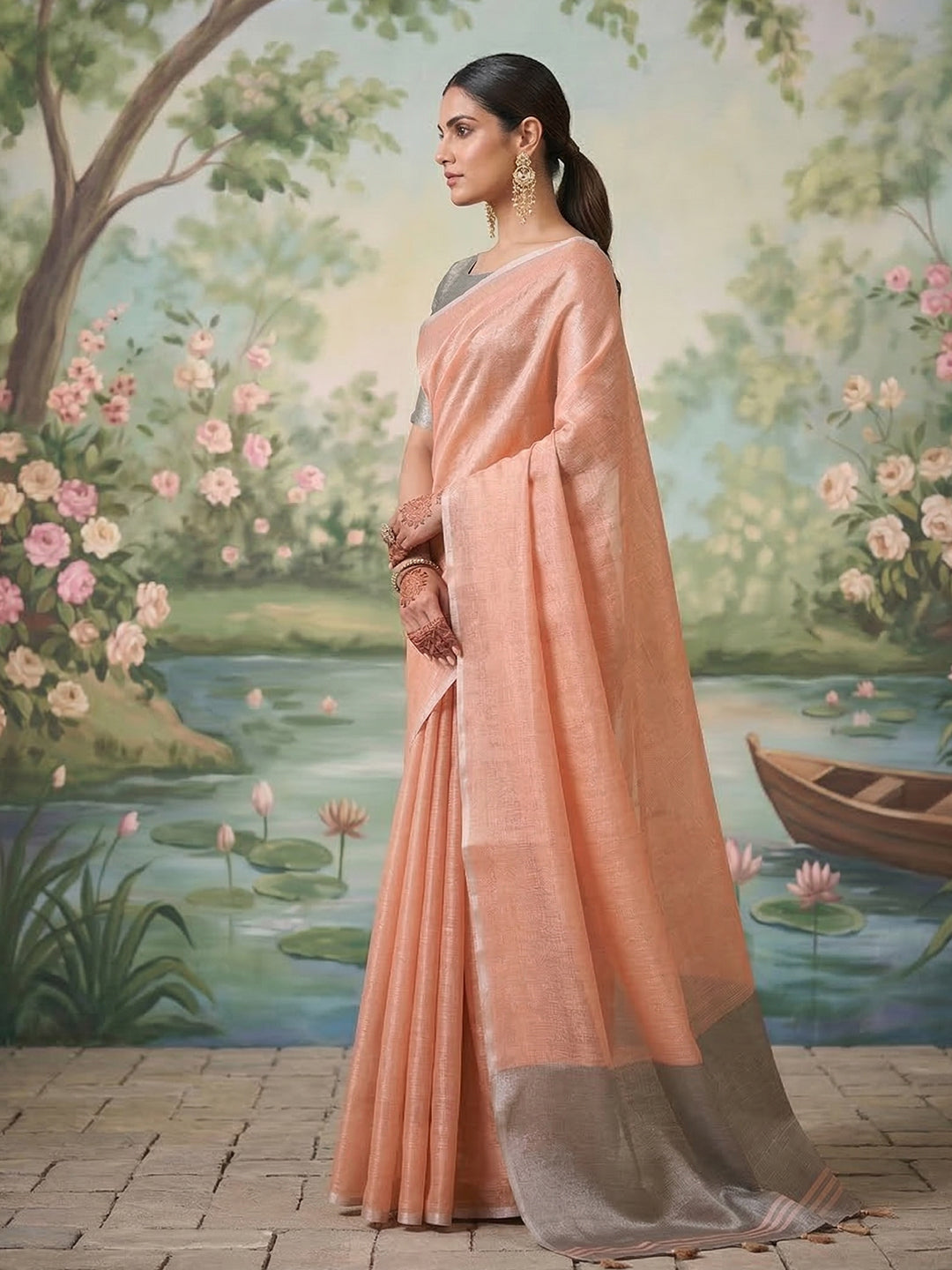 Anvika Tissue Silk Ready To Wear Pocket Saree | Peach