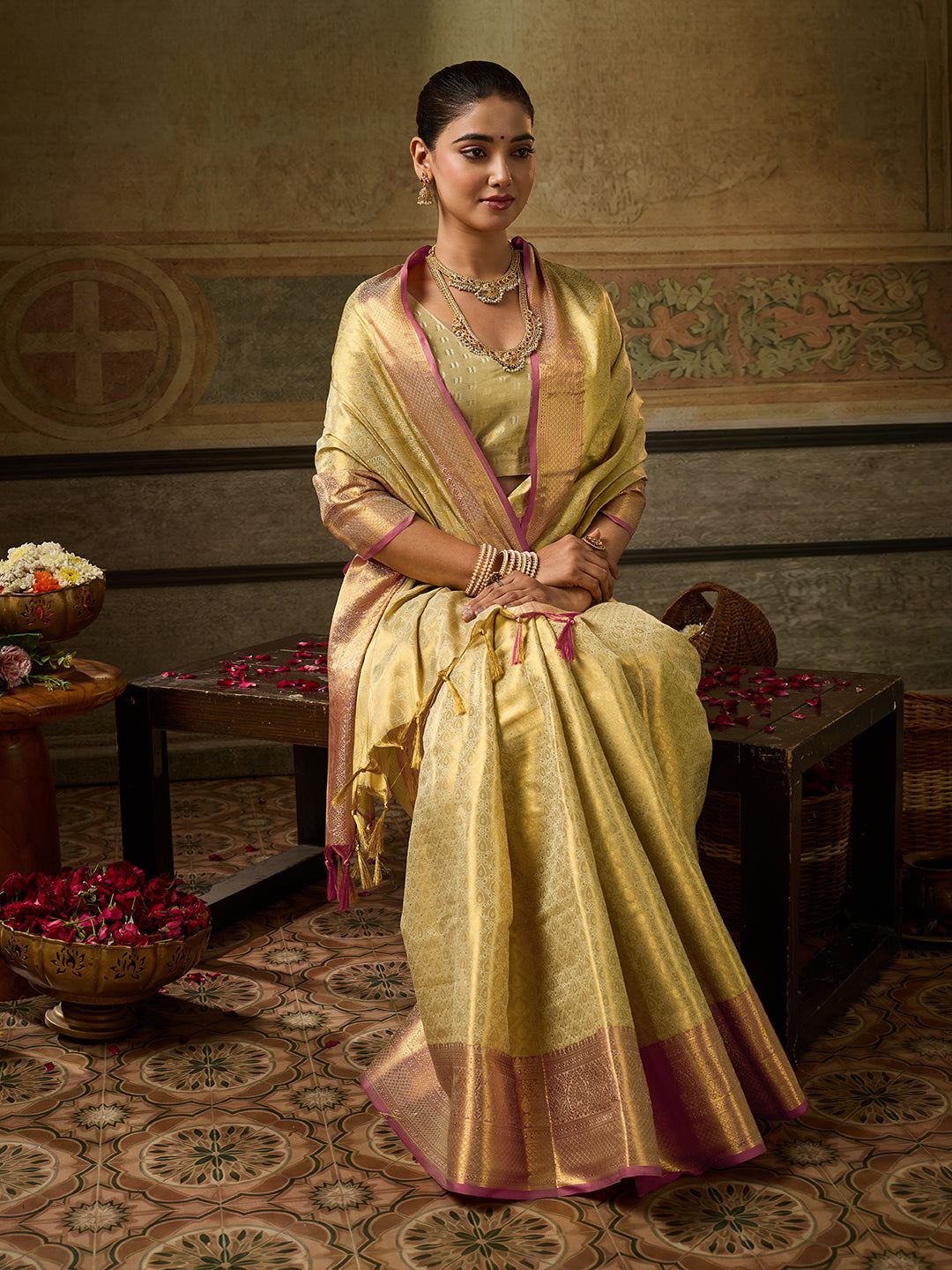 Chandrika Silk Ready To Wear Pocket Saree | Champagne Gold