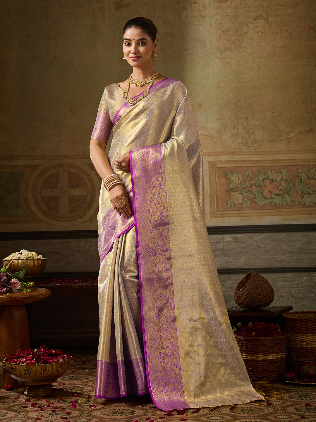 Chandrika Silk Ready To Wear Pocket Saree | Cream