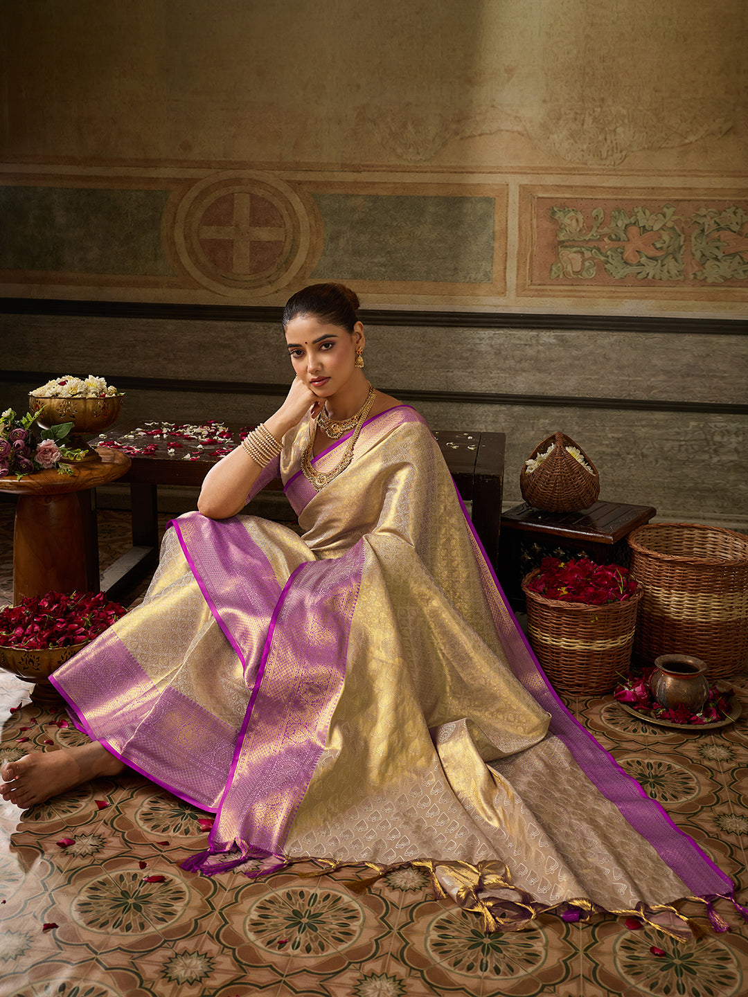 Chandrika Silk Ready To Wear Pocket Saree | Cream