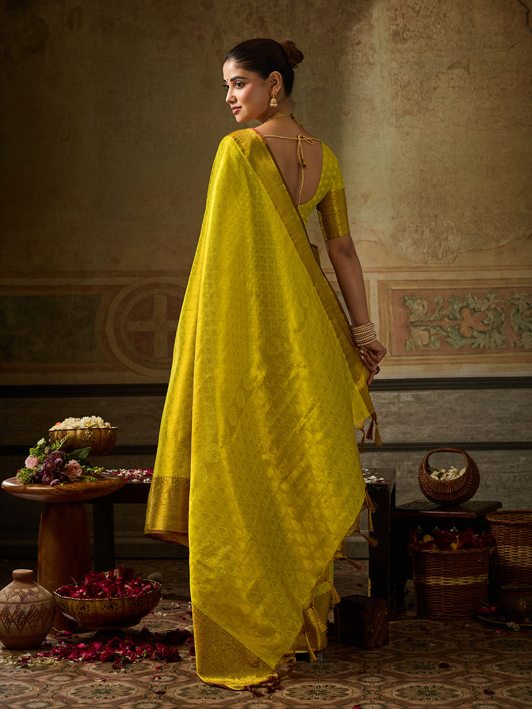 Chandrika Silk Ready To Wear Pocket Saree | Mustard Yellow