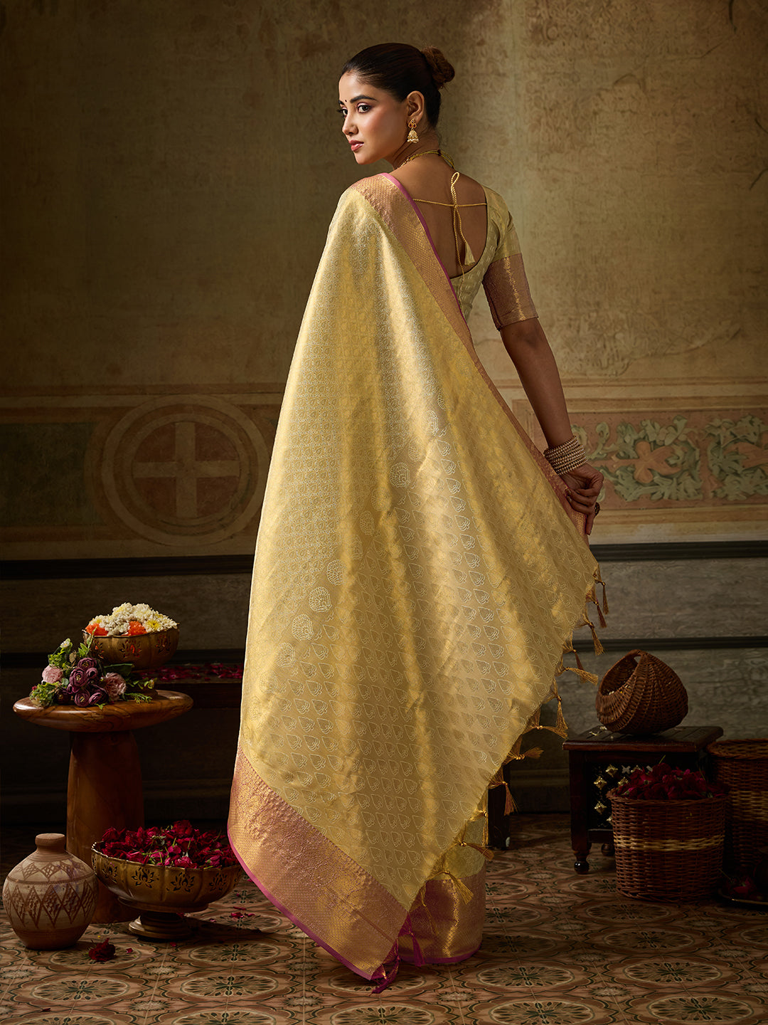 Chandrika Silk Ready To Wear Pocket Saree | Champagne Gold