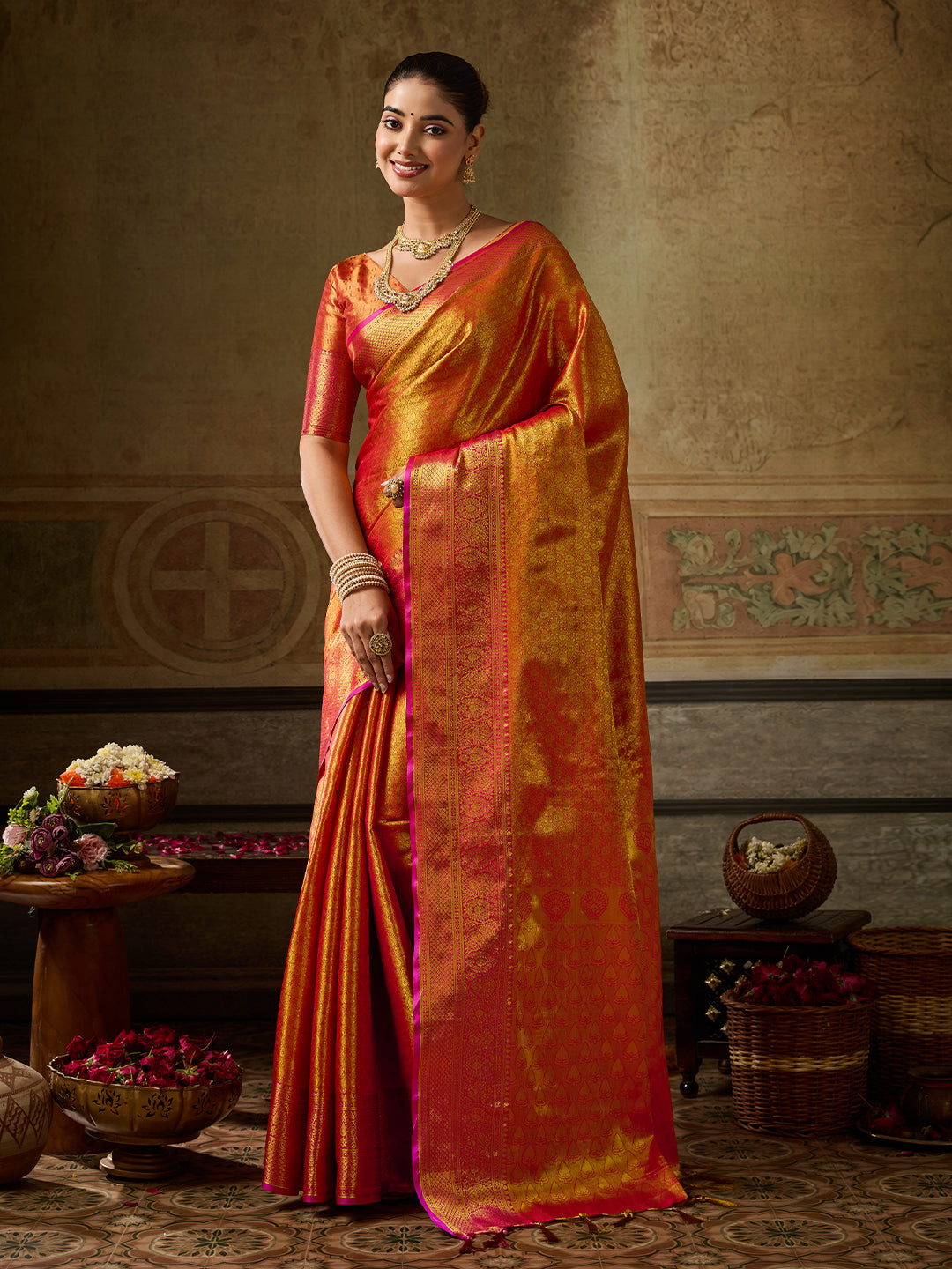 Chandrika Silk Ready To Wear Pocket Saree | Orange