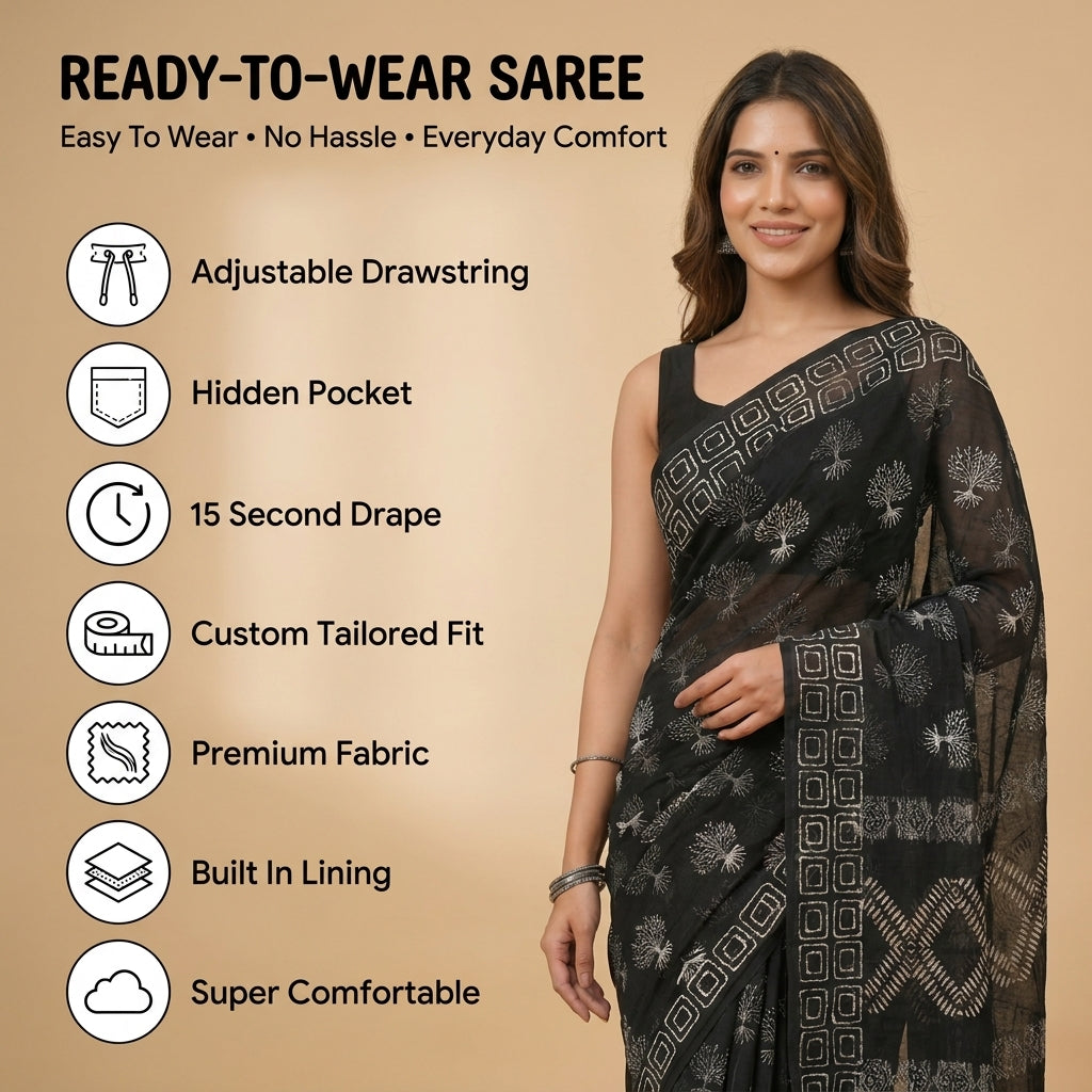 Deep Roots Mul Cotton Ready-To-Wear Pocket Saree