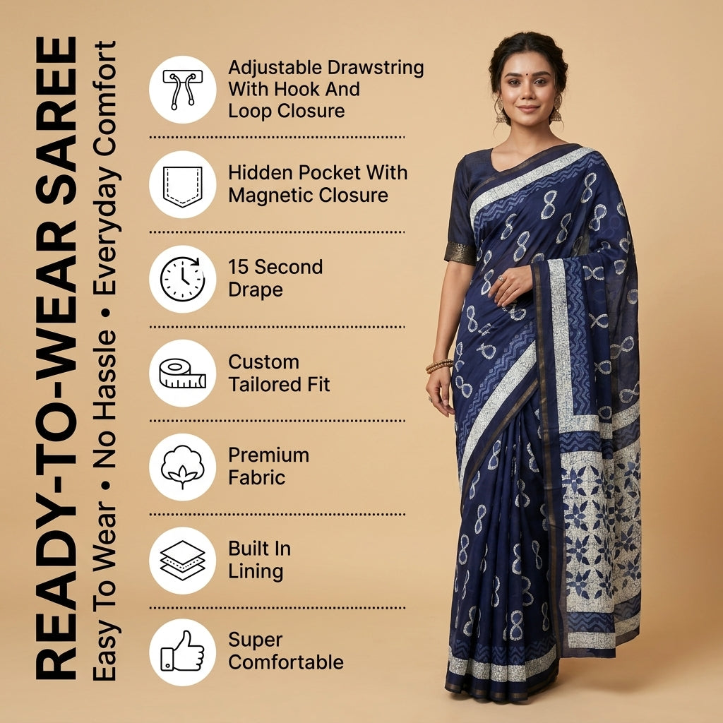 Indigo Blue Modal Mul Cotton Ready To Wear Pocket Saree