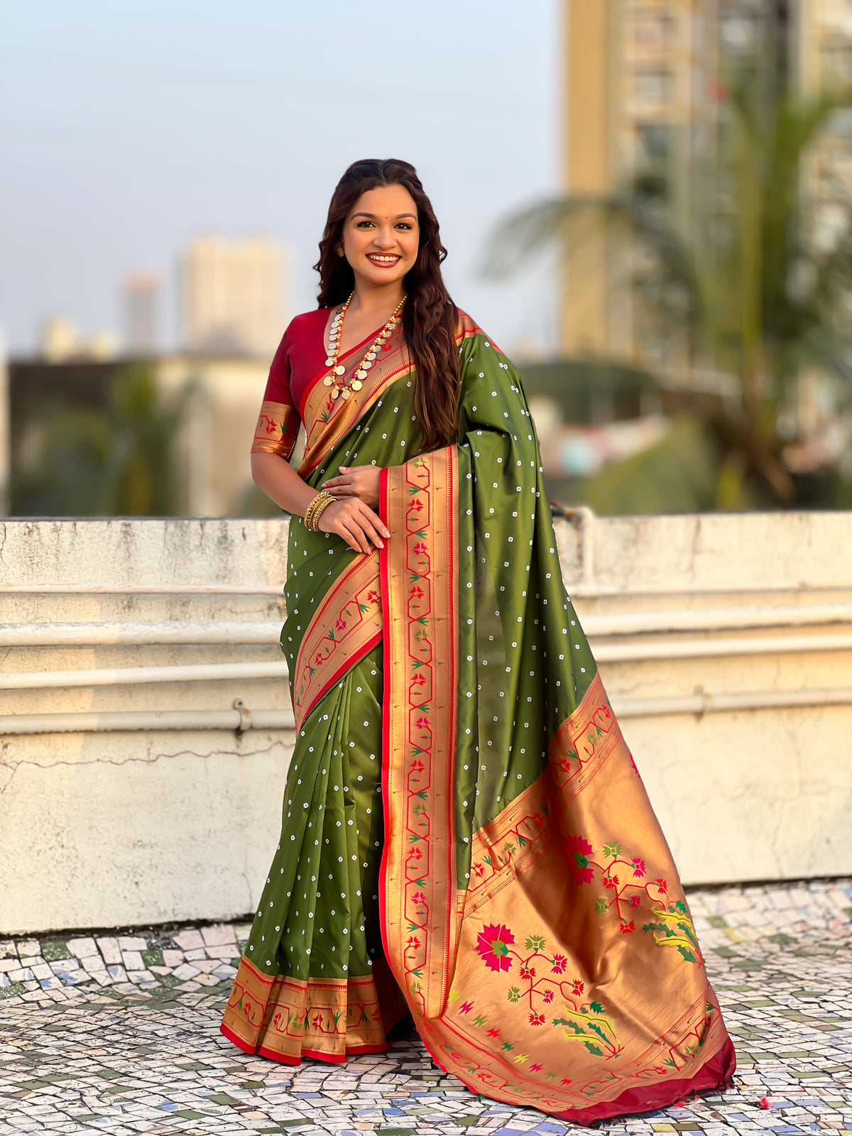 Bandhej Powerloom Paithani Silk Ready To Wear Pocket Saree | Mehandi Green