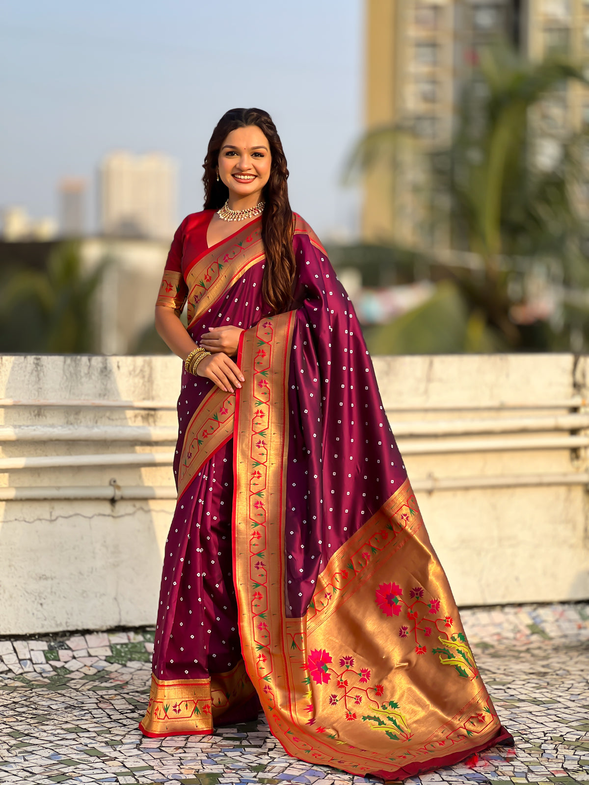 Bandhej Powerloom Paithani Silk Ready To Wear Pocket Saree | Wine