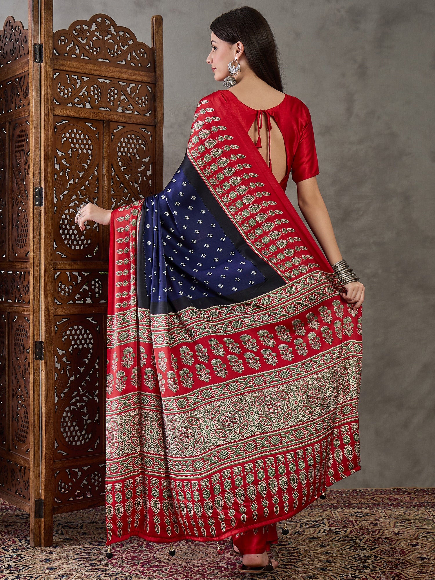 Modal Ajrakh Print (Blue) Ready To Wear Pocket Saree