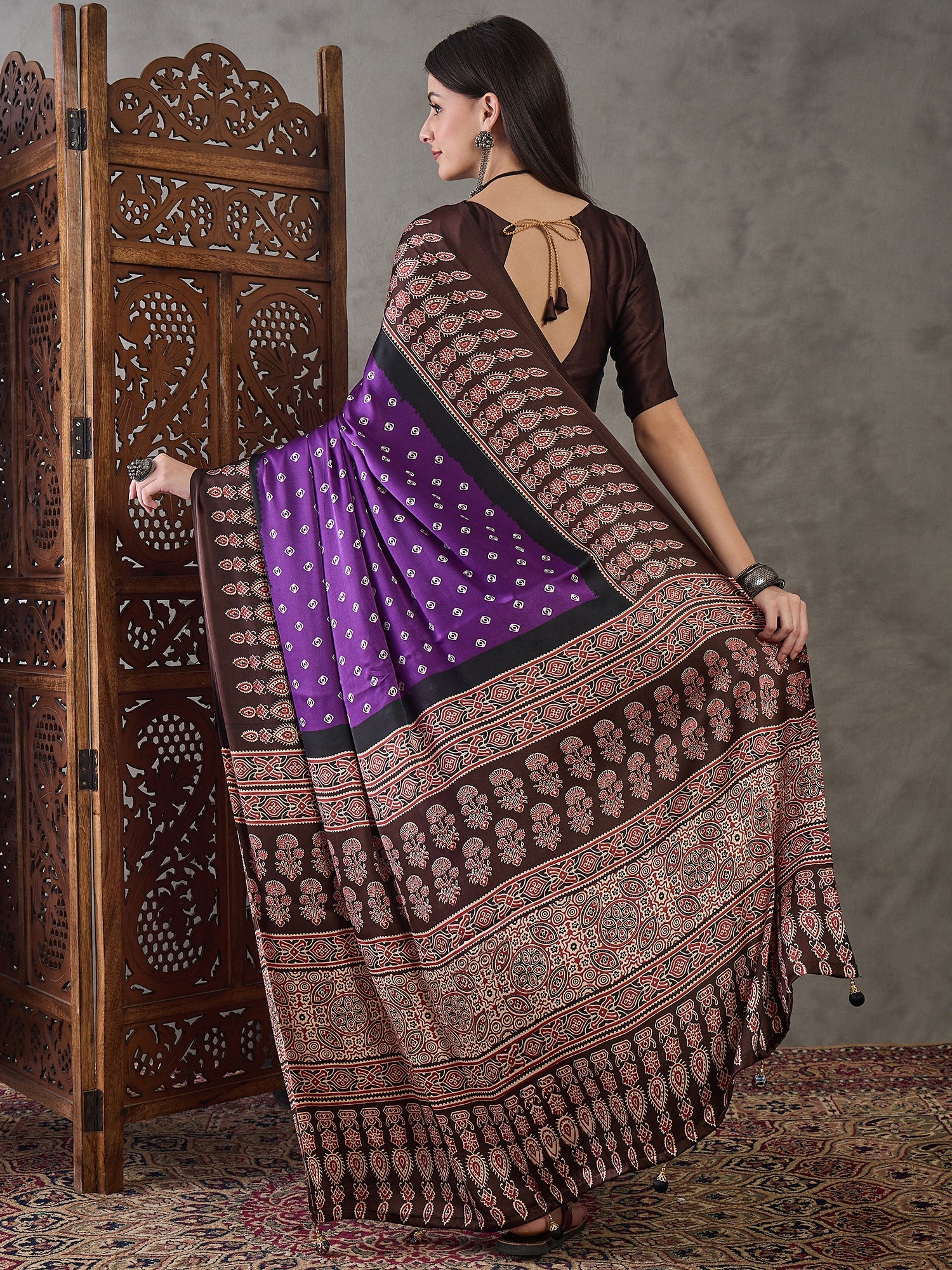 Modal Ajrakh Print (Brown) Ready To Wear Pocket Saree