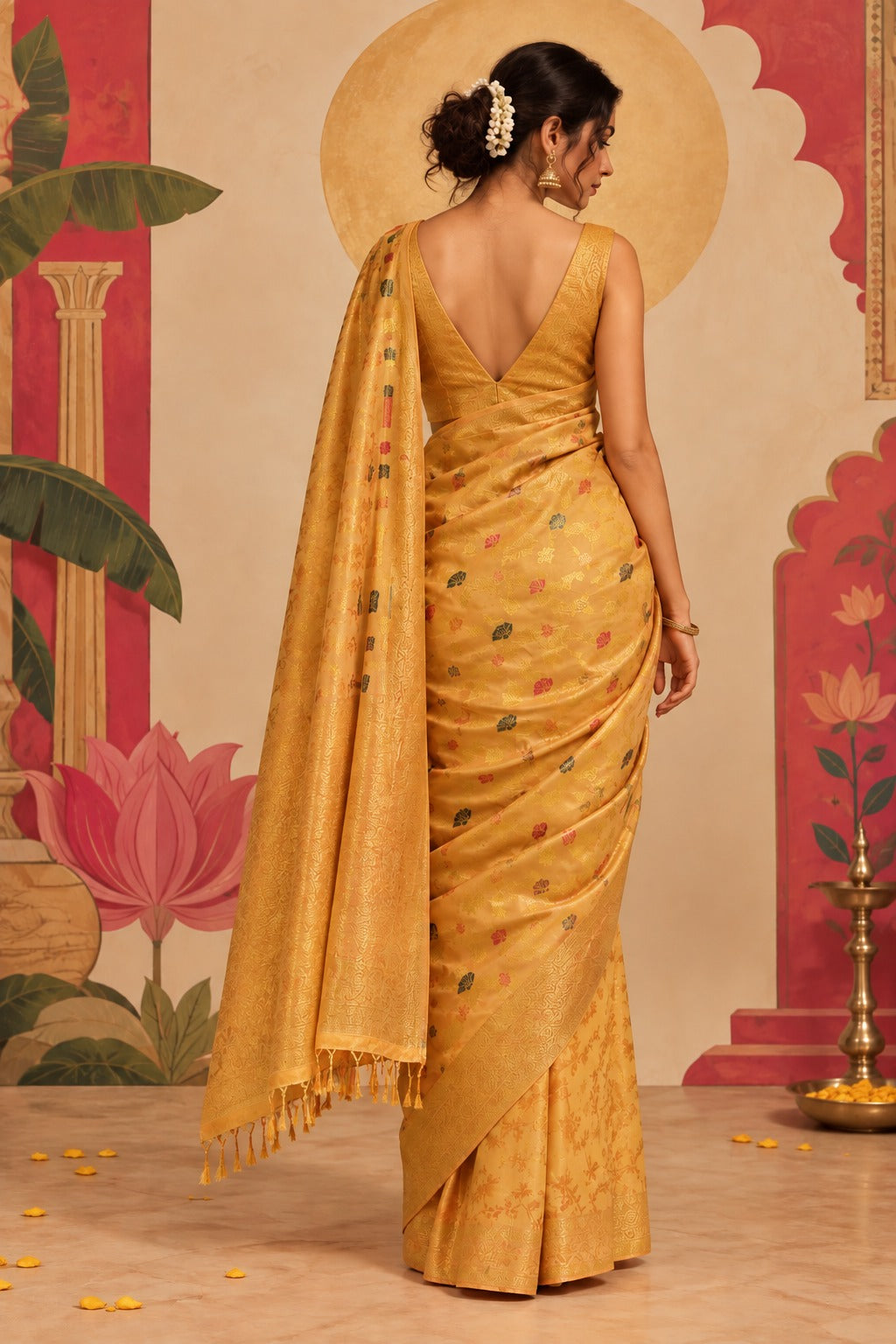 Back shot of the Eternal Flora Banarasi Silk Ready To Wear Pocket Saree in yellow.