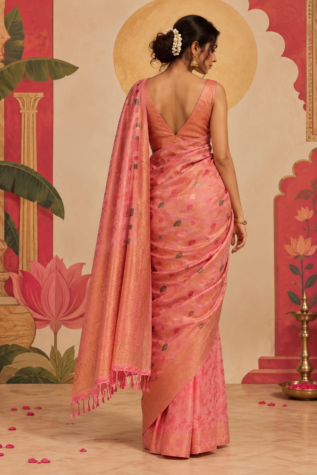Back shot of coral pink Eternal Flora Banarasi Silk Ready To Wear Pocket Saree