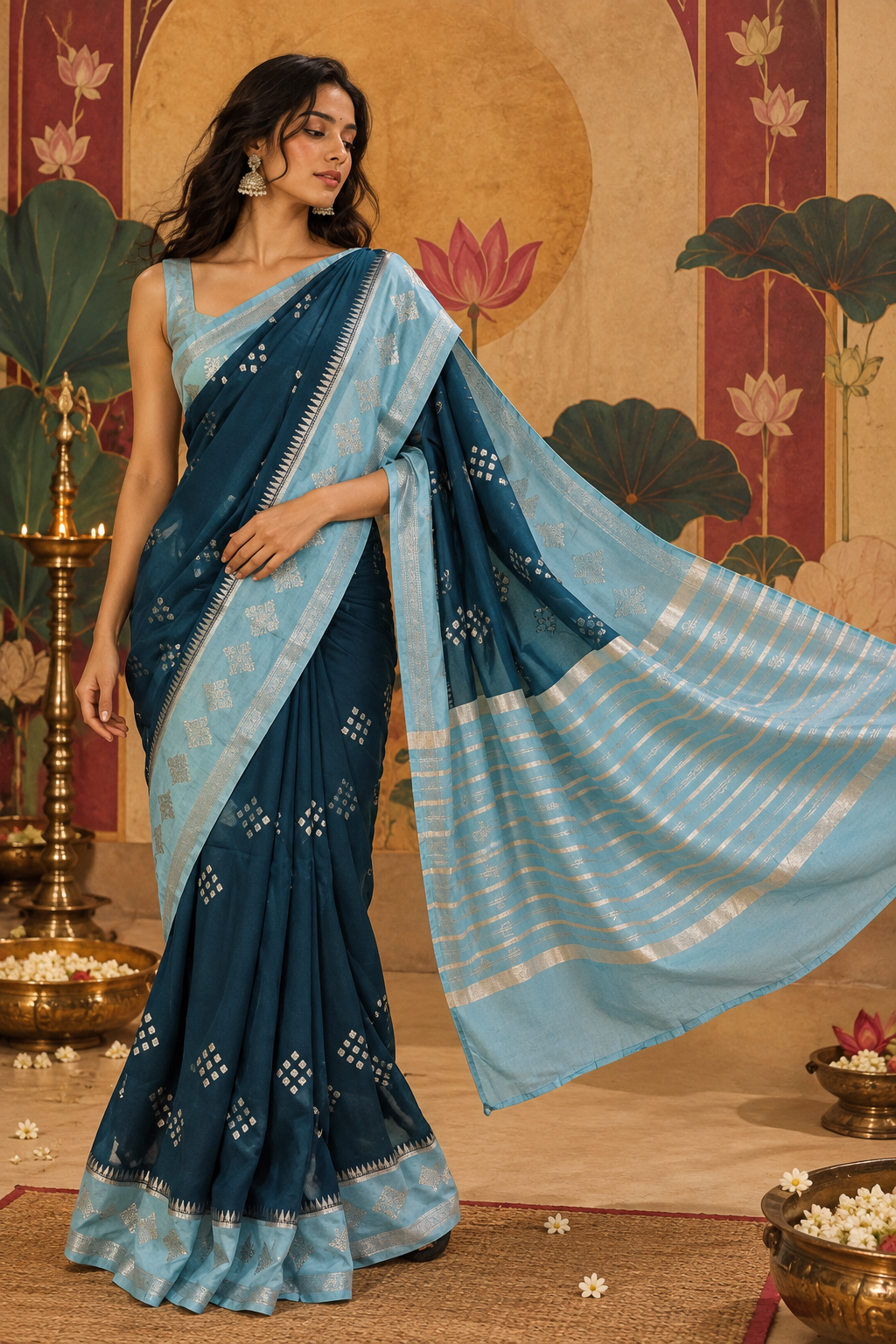 Full-length portrait of a model in a deep teal blue viscose silk ready-to-wear pocket saree, showcasing pre-stitched pleats with Bandhani booti, a powder-blue border, and a contrasting light blue striped pallu.
