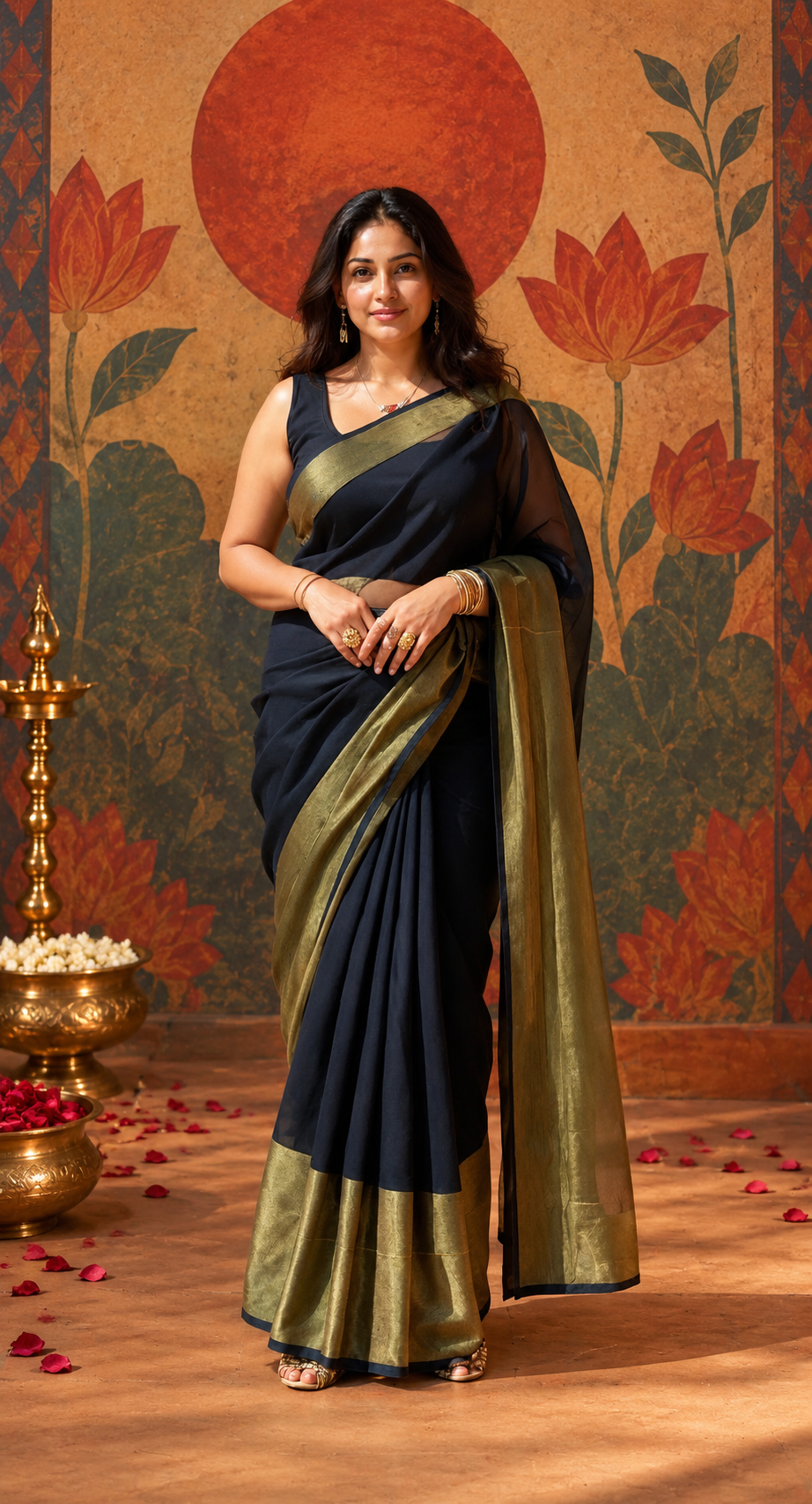 Full-length portrait of a deep black chiffon ready-to-wear pocket saree, displaying pre-stitched pleats and a broad antique-gold tissue border.