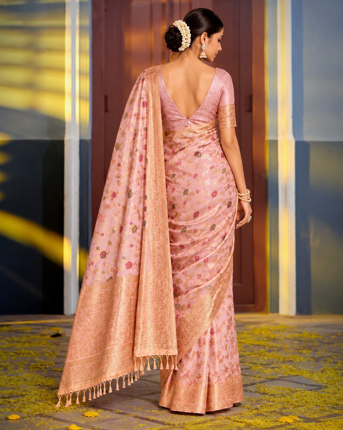 Back shot of the blush pink Eternal Flora Banarasi Silk Ready To Wear Pocket Saree