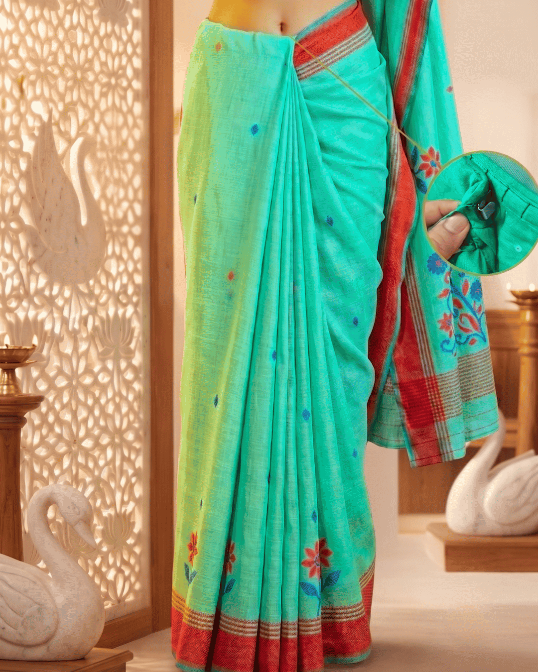 Closeup of the hook and loop closure and the seamless waistband in the linen mint green pre-drapred saree with pocket.