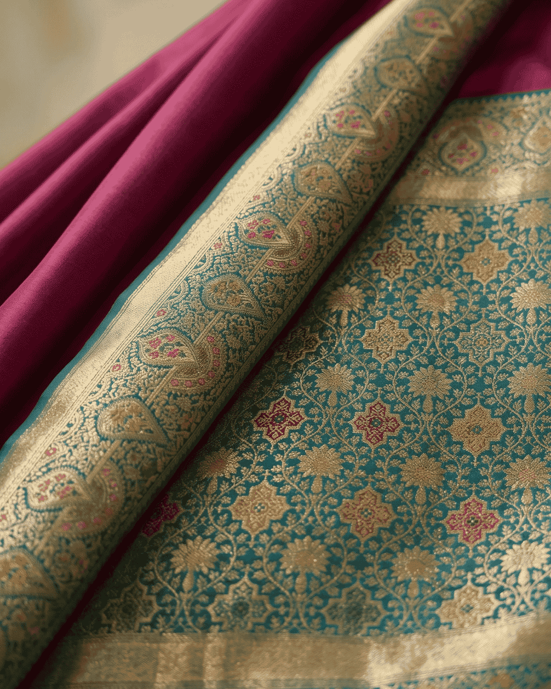 A close-up of the richly patterned pre-draped saree with pocket, showing a teal border with intricate golden floral zari work and a wine body.