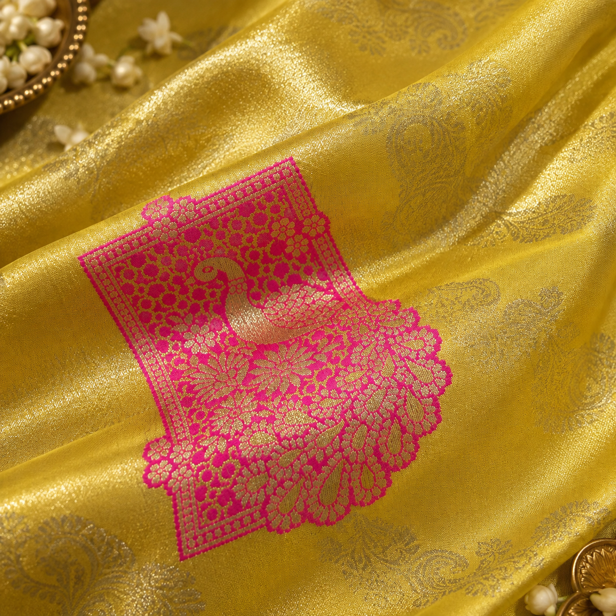 Close-up detail of the pre-draped pocket saree in luminous golden yellow, showing delicate jacquard patterns woven into the silk, alongside an intricate peacock motif framed inside a vibrant magenta pink woven block.