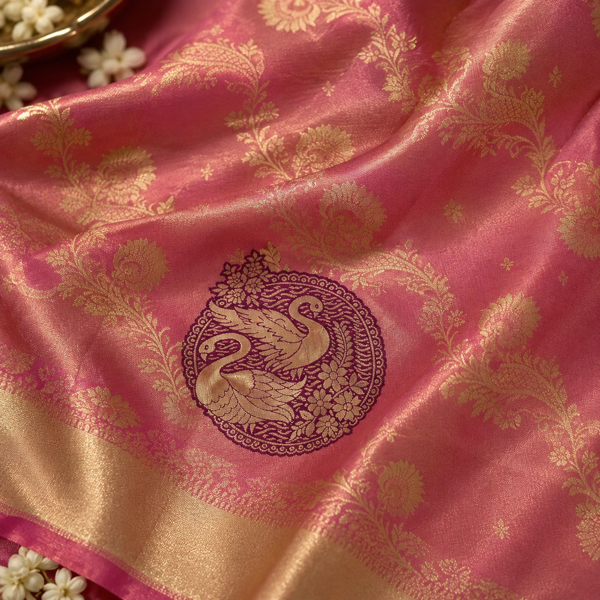Close-up fabric detail of the rose-pink Yeola Paithani silk pre-draped saree, showcasing fine gold floral and paisley jacquard weaves, a broad gold border, and a circular deep plum motif featuring woven swan figures surrounded by floral detailing.
