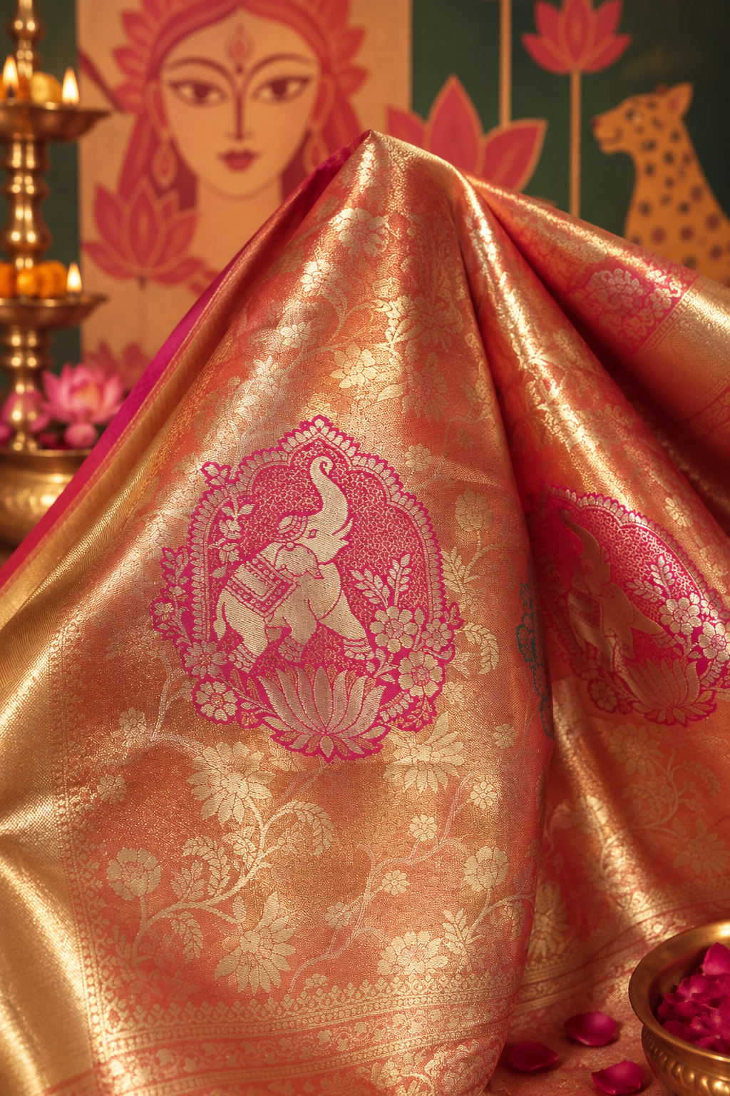 Close-up shot of the warm peach-coral Yeola Paithani silk pre-draped saree showcasing a metallic copper-gold sheen, fine floral-paisley jacquard weaves, a broad gold border, and a rani-pink framed motif with an elephant and lotus detail.