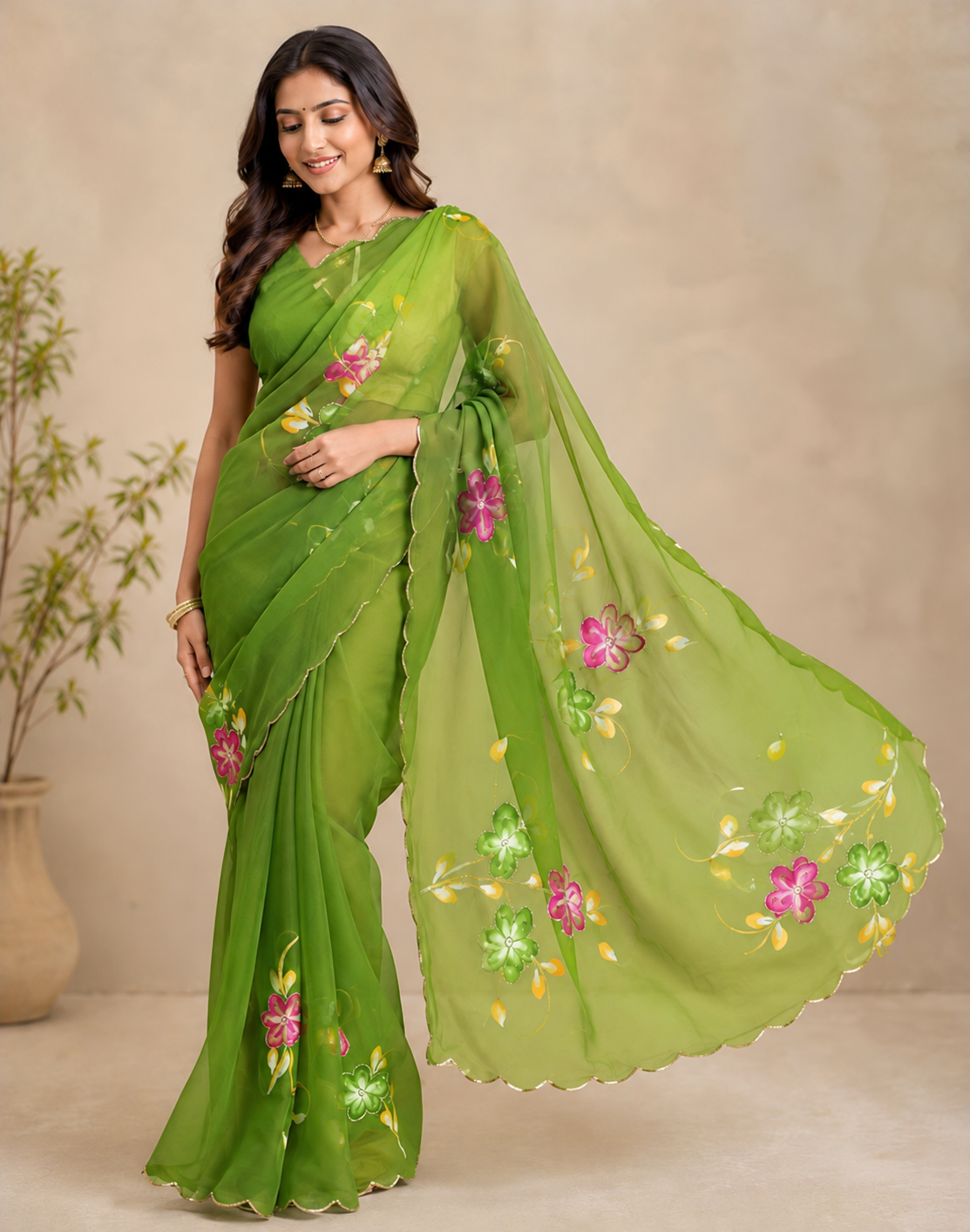 Full-length shot of a model wearing a fresh lime green Chiffon ready-to-wear pocket saree featuring pink, yellow, and green floral clusters and a delicate scalloped border.