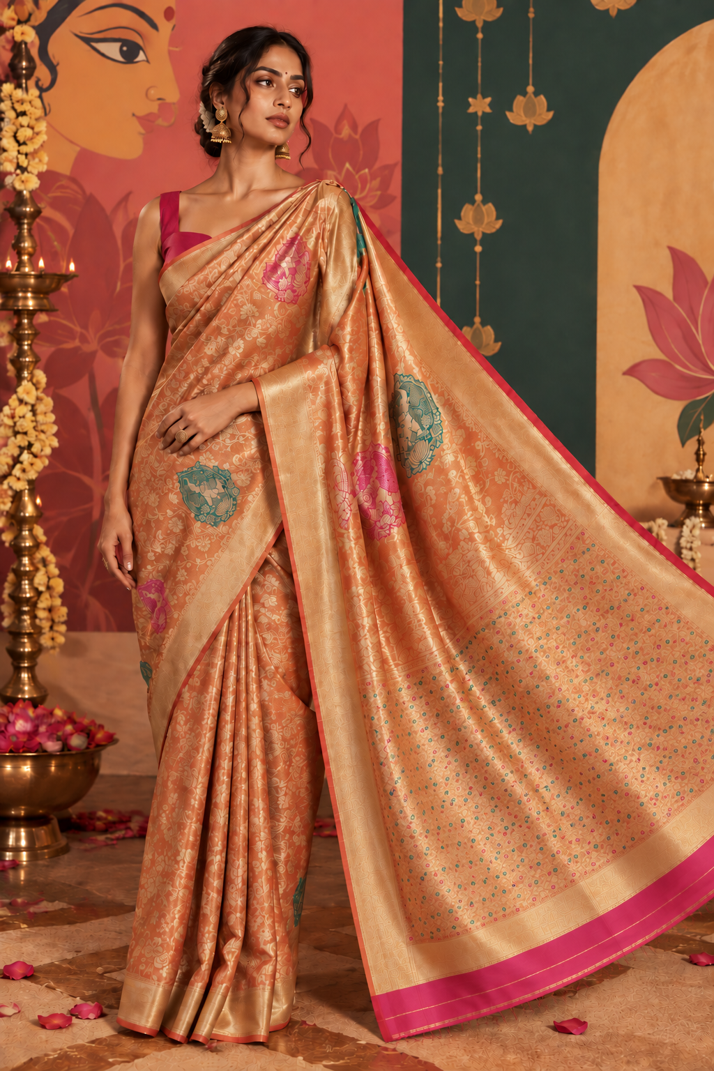 Full-length portrait of a model wearing a peach-coral Paithani silk ready-to-wear pocket saree, featuring pre-stitched pleats, rani-pink and deep green framed motifs, a wide gold border, and a dotted pallu.