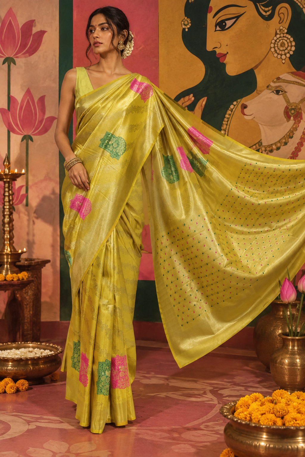 Full-length portrait of a model wearing the golden-yellow Yeola Jacquard Paithani silk ready-to-wear pocket saree, featuring pre-stitched pleats and scattered green and pink motifs.