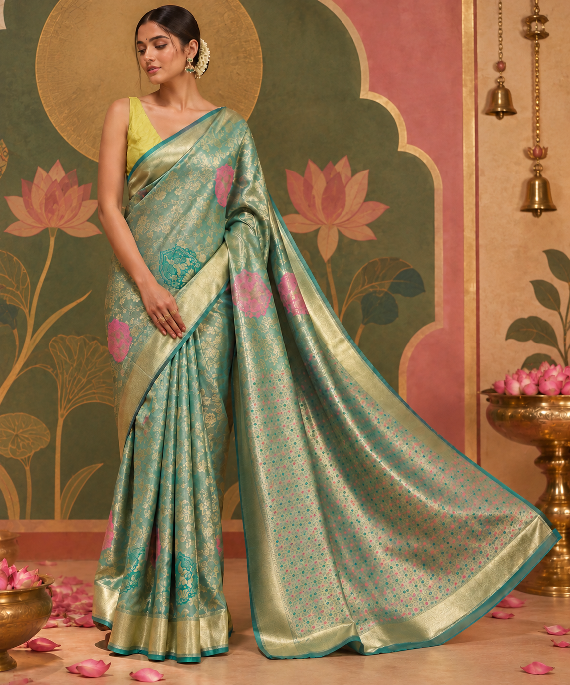 Full-length portrait of a model in the Yeola Tarangini turquoise-teal Paithani Silk ready-to-wear pocket saree, showcasing pre-stitched pleats, a wide golden border, pink floral motifs, and a patterned pallu with a slim teal edge.