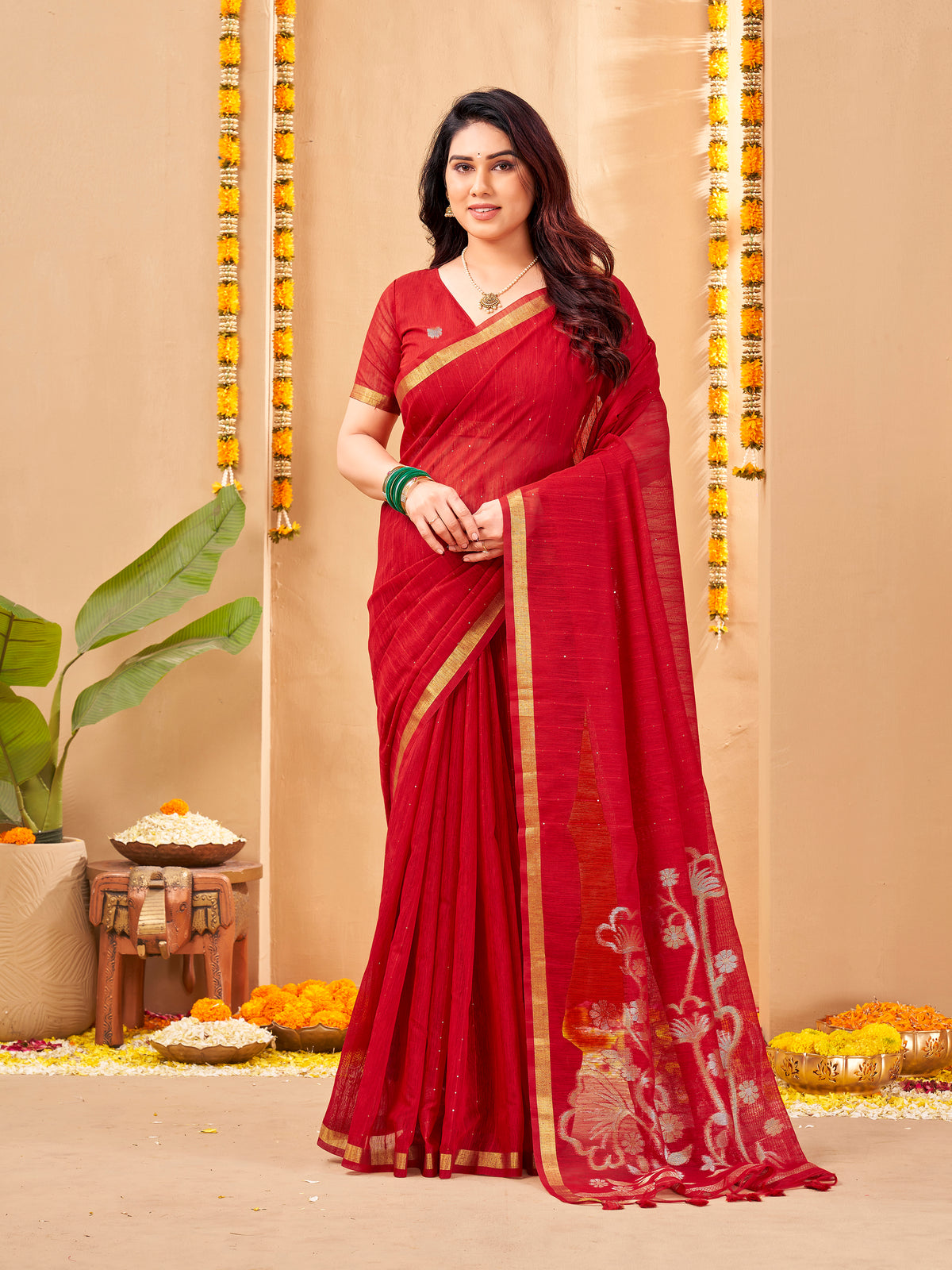 Zayna Linen Silk Ready To Wear Pocket Saree | Red