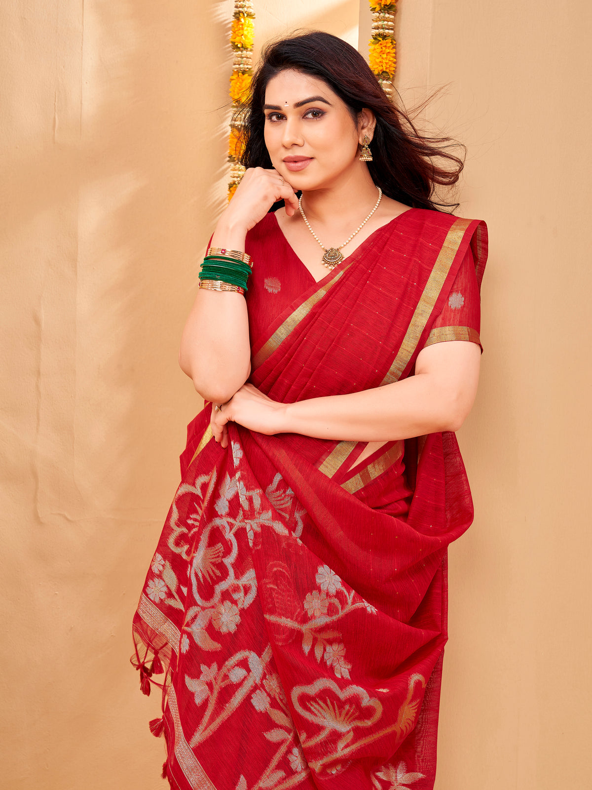 Zayna Linen Silk Ready To Wear Pocket Saree | Red