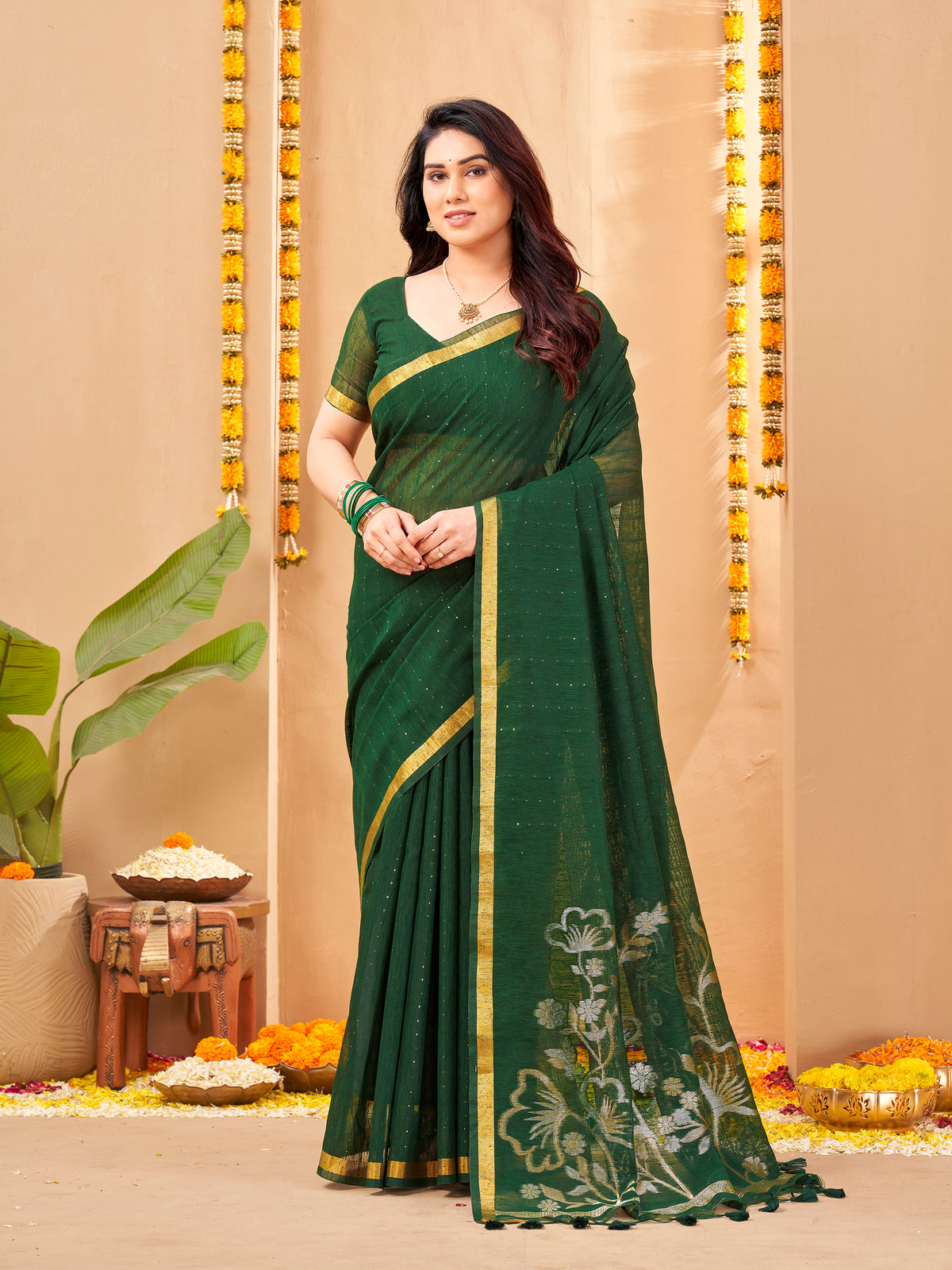 Zayna Linen Silk Ready To Wear Pocket Saree | Green
