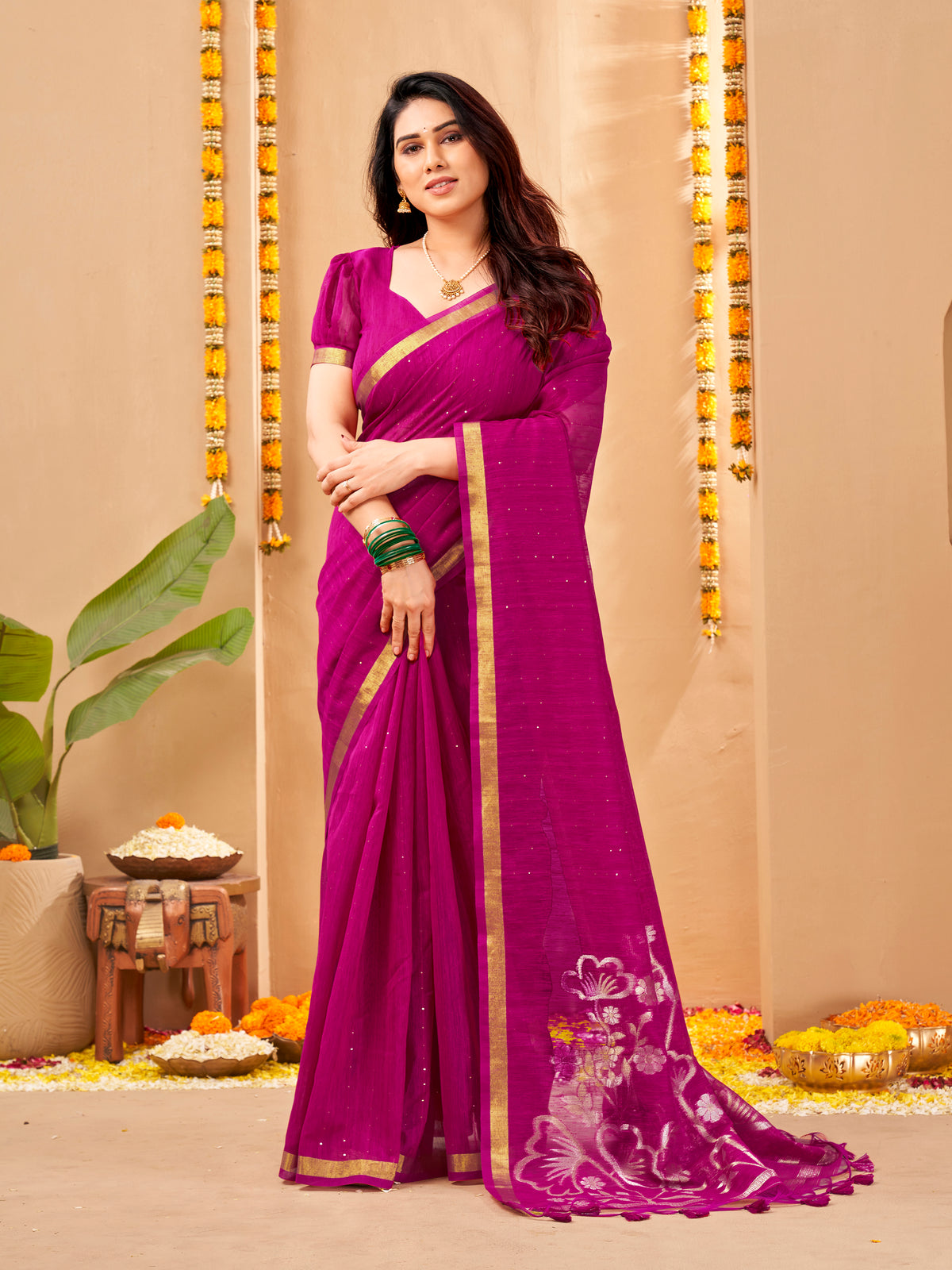 Zayna Linen Silk Ready To Wear Pocket Saree | Magenta Purple