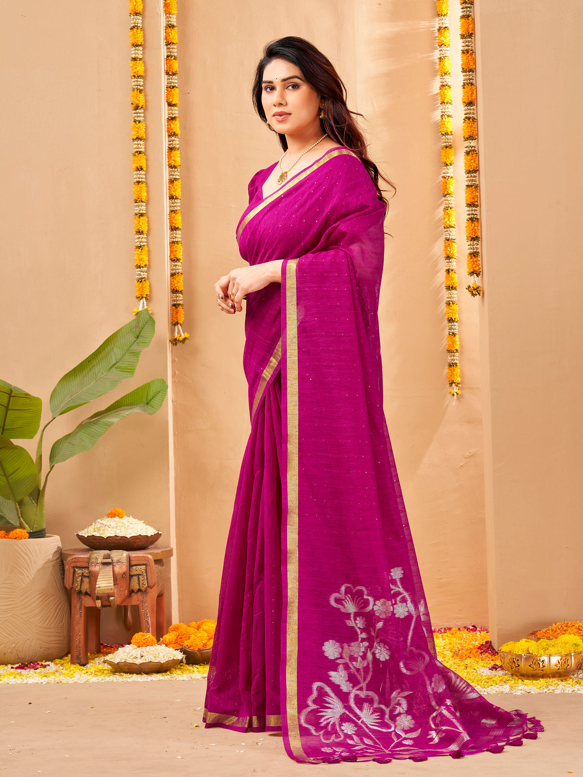 Zayna Linen Silk Ready To Wear Pocket Saree | Magenta Purple