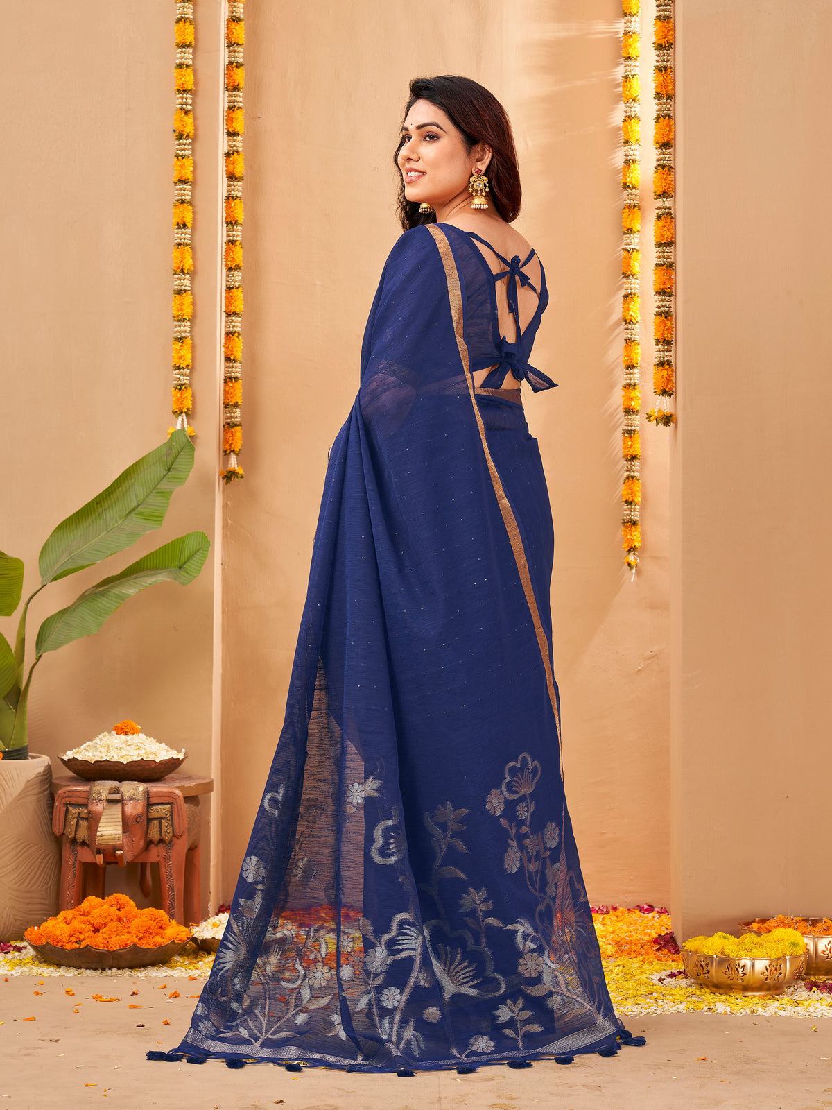 Zayna Linen Silk Ready To Wear Pocket Saree | Navy Blue