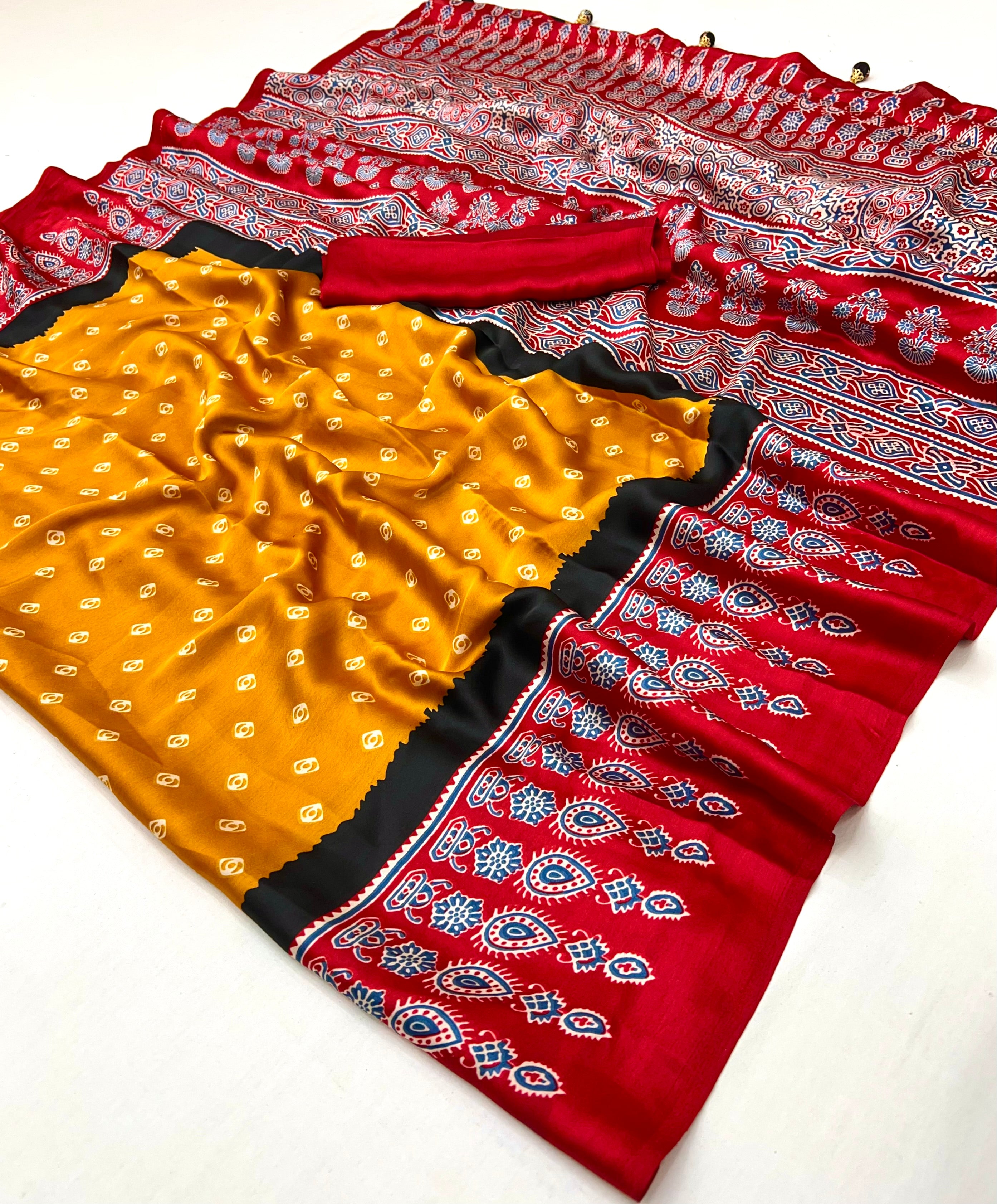 Modal Ajrakh Print (Yellow) Ready To Wear Pocket Saree