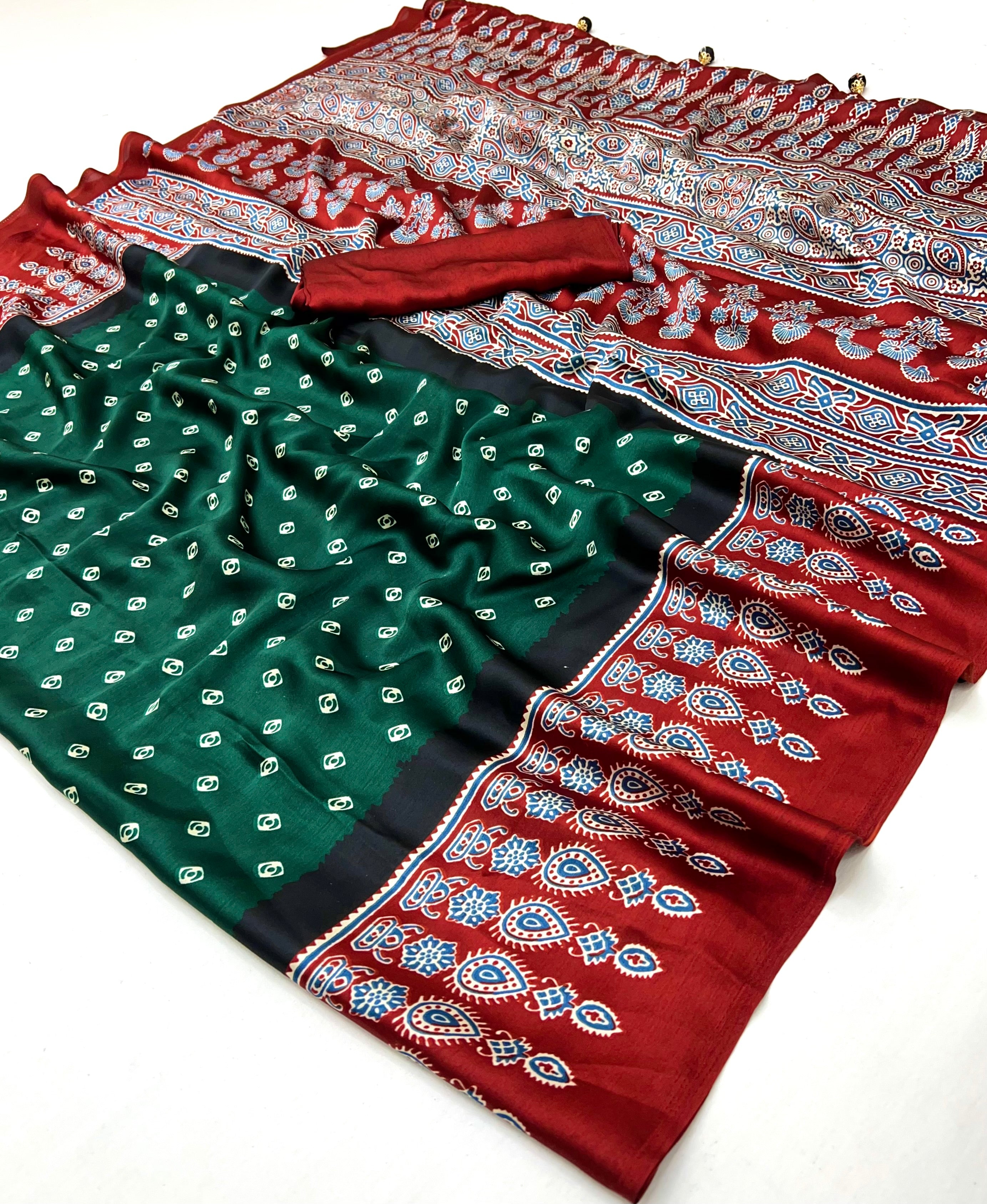 Modal Ajrakh Print (Green) Ready To Wear Pocket Saree