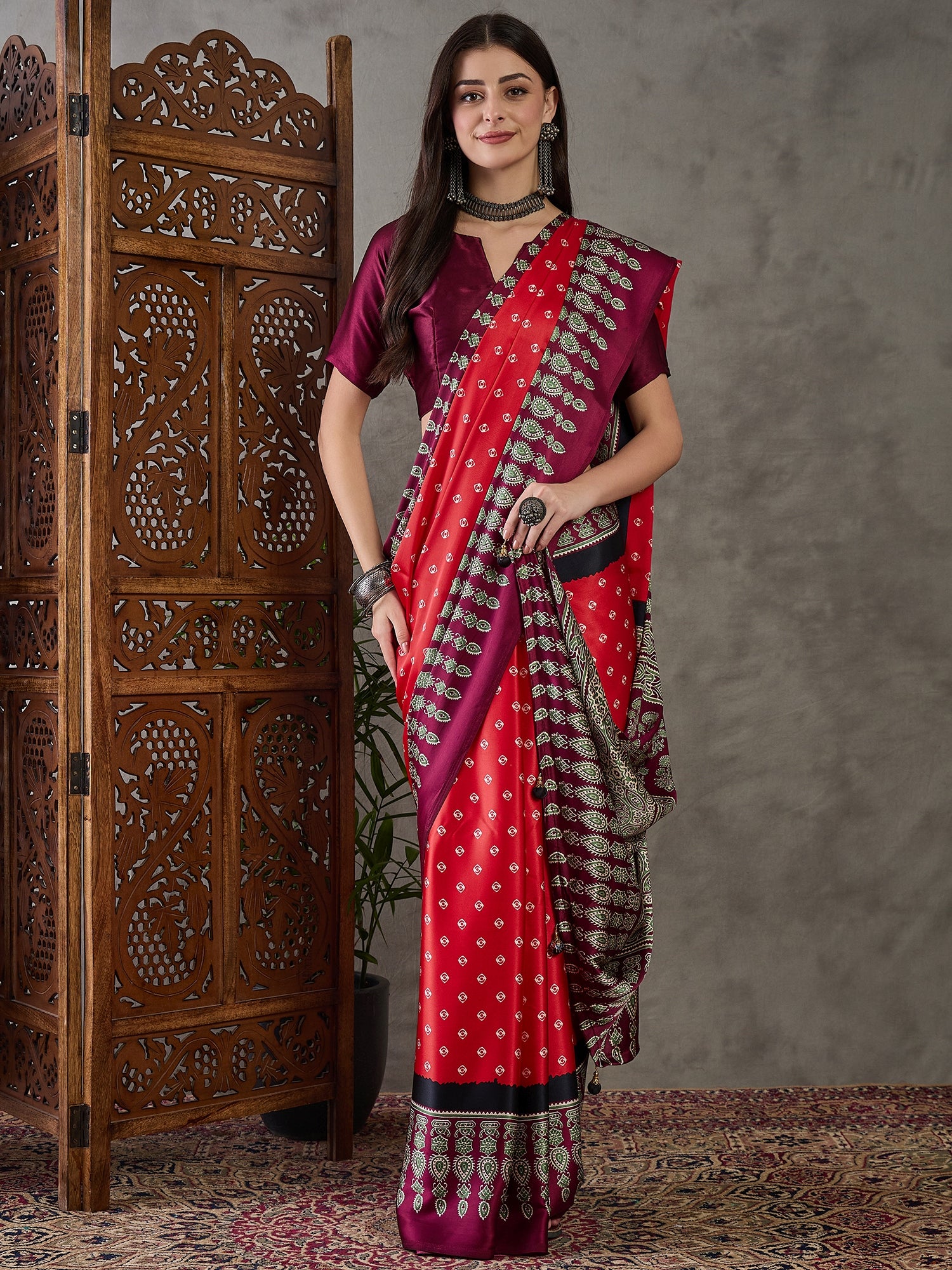 Modal Ajrakh Print (Red) Ready To Wear Pocket Saree