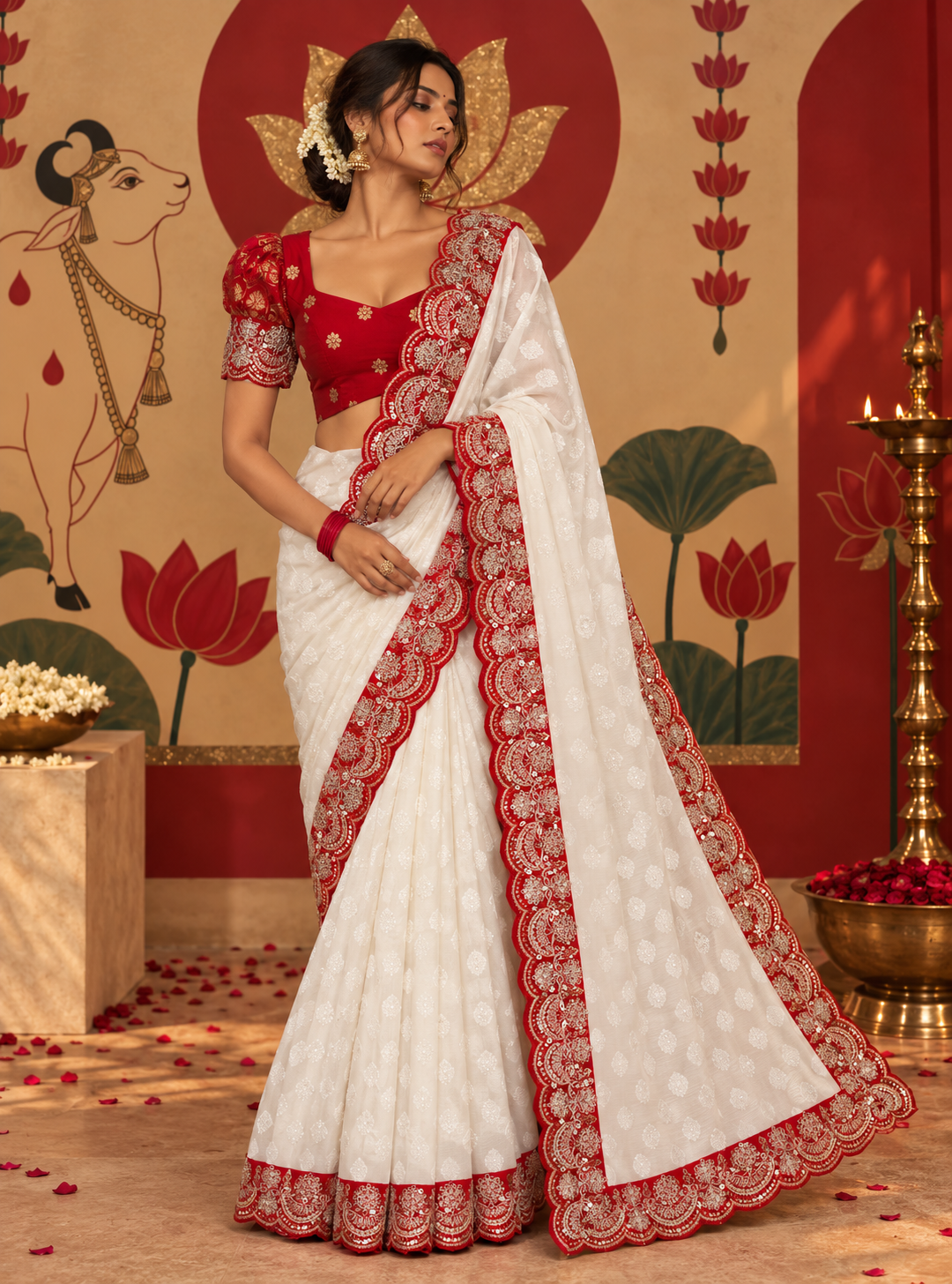 Full-length portrait of a model wearing an ivory georgette ready-to-wear pocket saree with white leaf-like motifs, showcasing pre-stitched pleats and an intricate red embroidered scalloped border.