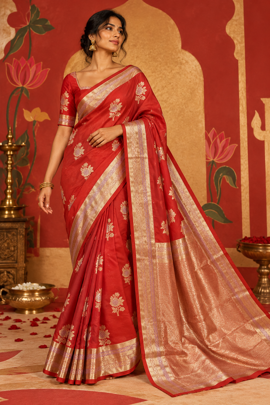 Full-length portrait of a model in a rich crimson red Katan silk ready-to-wear pocket saree, displaying pre-stitched pleats, scattered silver-gold floral bootis, and an ornate woven pallu.