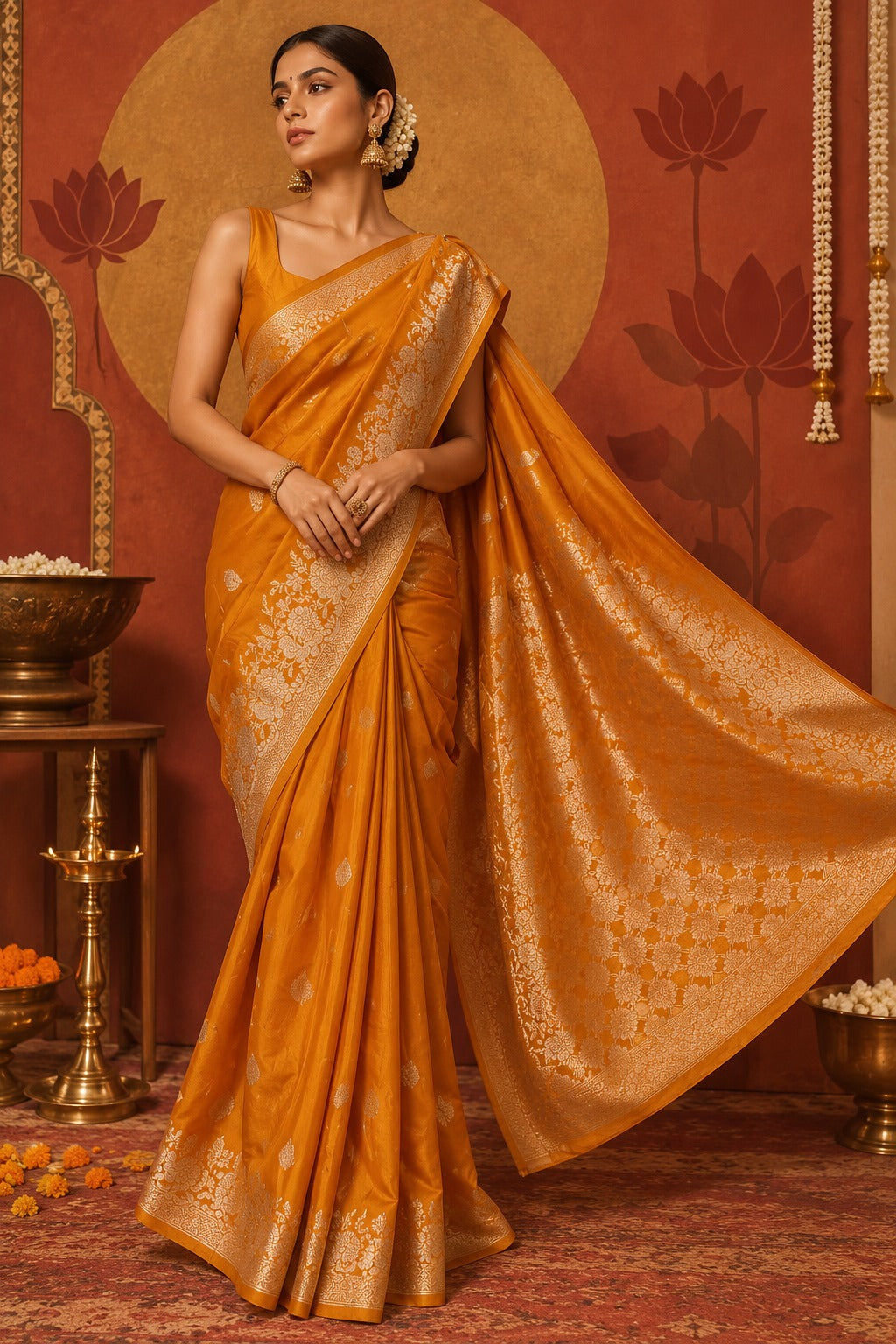 Full-length portrait of a model wearing a warm golden-orange Russian viscose silk ready-to-wear pocket saree, displaying pre-stitched pleats with scattered booti motifs, a woven floral border, and a golden pallu.