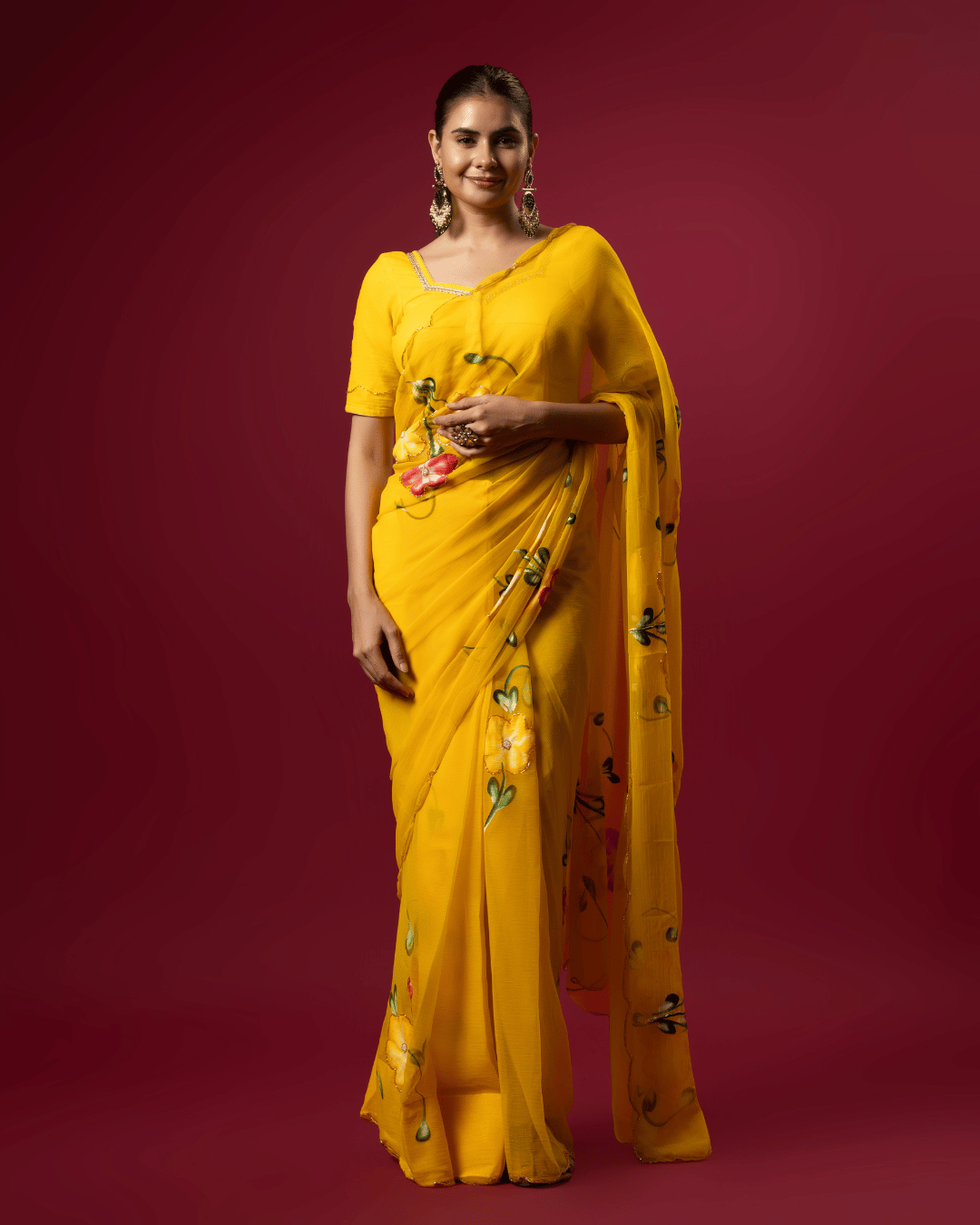Full shot of the fresh floral grace chiffon ready to wear pocket saree featuring floral vines.
