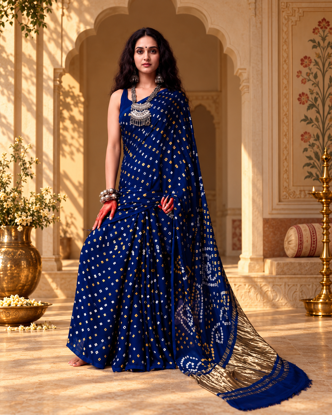 Deep-blue pre-stitched pocket saree with diagonal rows of small gold and silver-toned geometric motifs, a broad textured gold-toned pallu and a blue edge with parallel gold stripes.