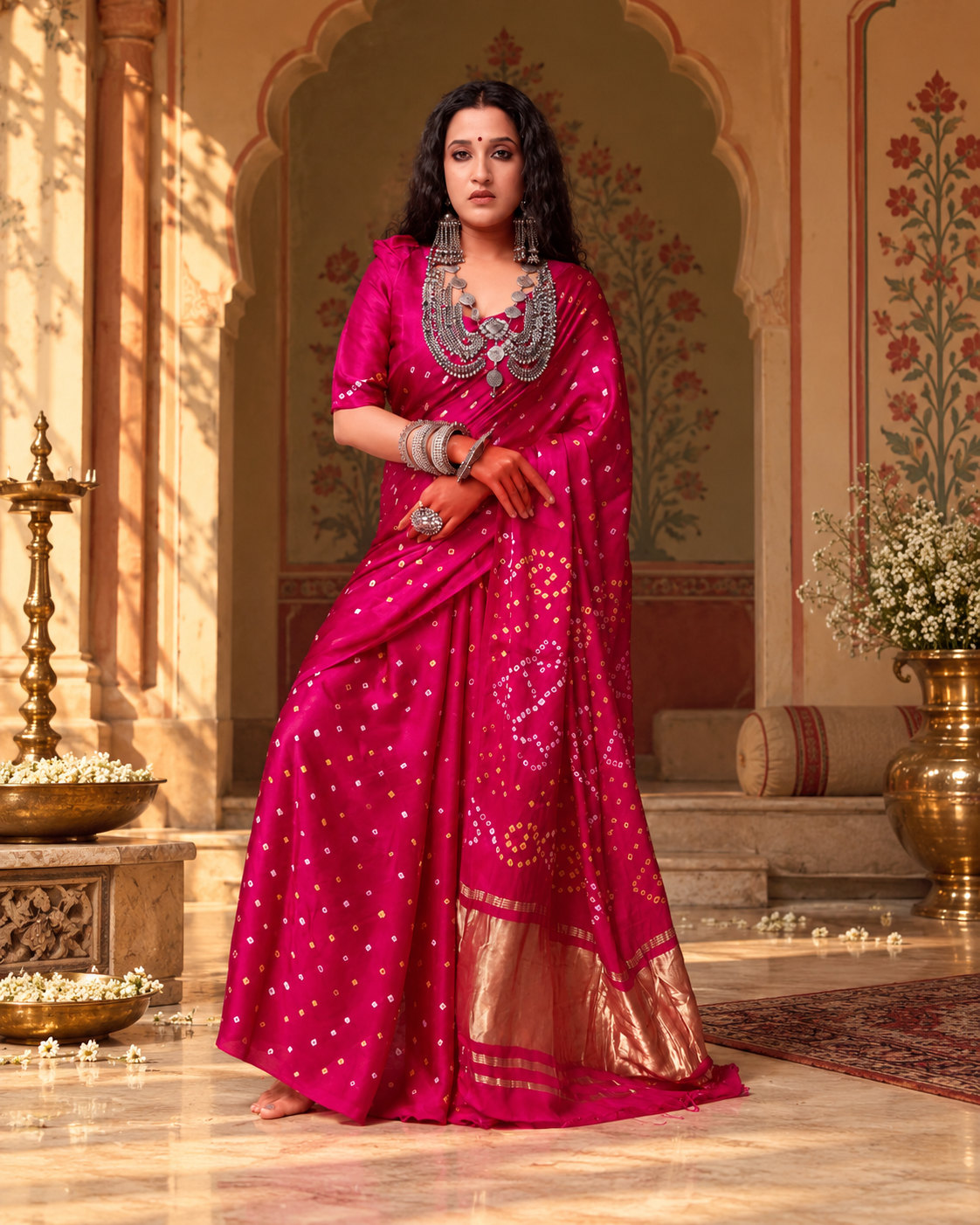 Fuchsia pink pre-draped pocket saree with scattered gold and silver square motifs, circular geometric patterns on the pallu, and a gold panel with pink and gold stripes.
