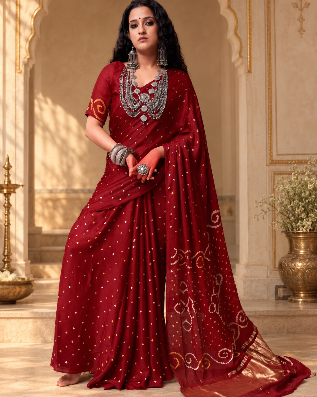 Wine red pre-draped pocket saree with scattered gold and silver-toned dots, flowing metallic scroll motifs on the pallu and a broad copper-gold end panel with narrow striped detailing.
