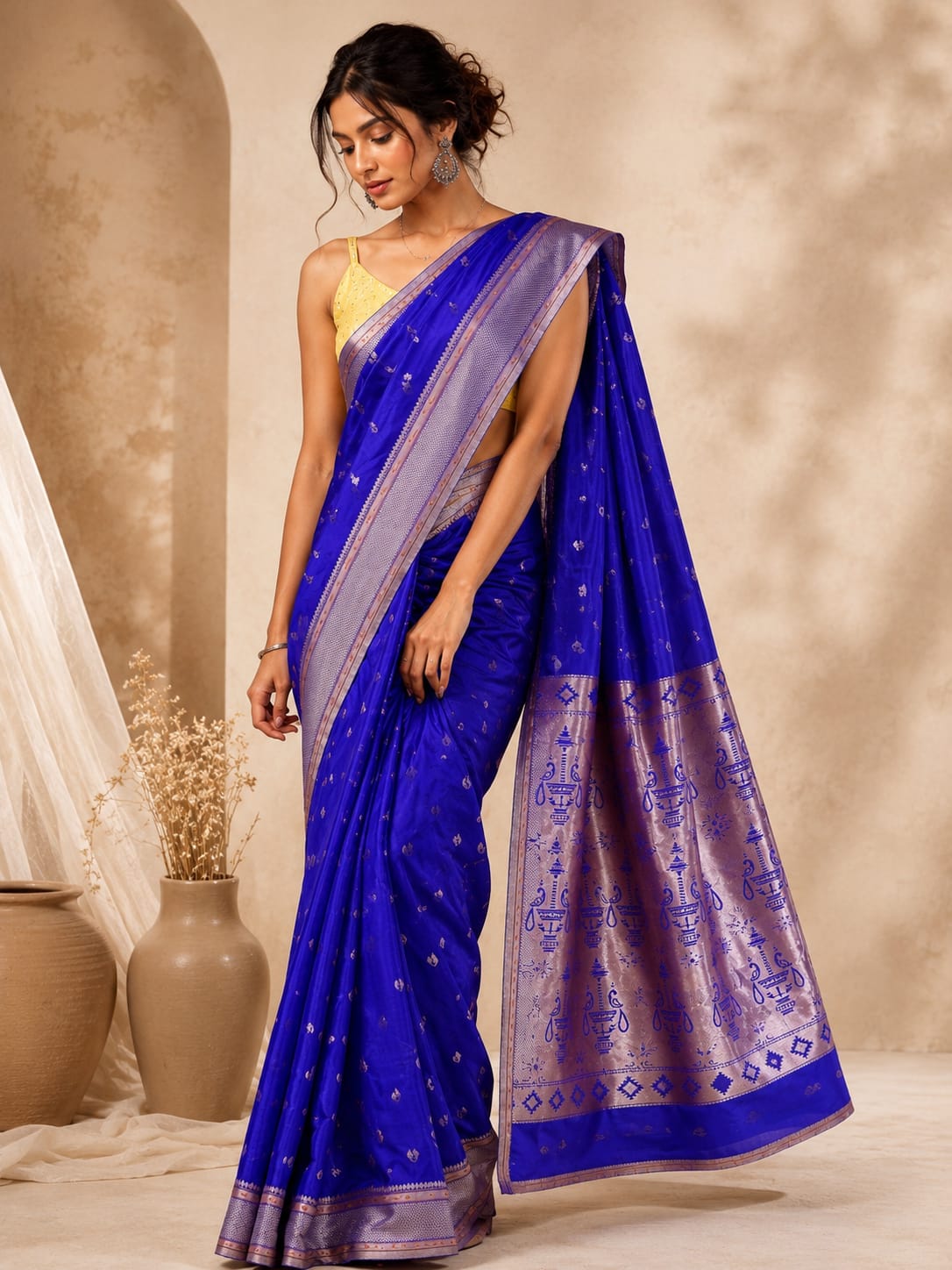 Full-length shot of a model wearing the ruhani Paithani royal-blue ready-to-wear pocket saree in powerloom silk, featuring silver motifs, a lavender border, and a broad patterned lavender pallu.