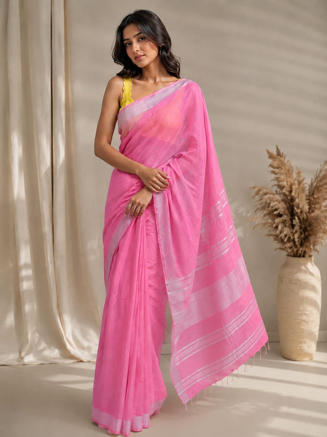 Full-length shot of a model wearing the saanjh soft pink Linen ready-to-wear pocket saree with fine silver-toned borders, horizontal pallu stripes, and pink tassels.