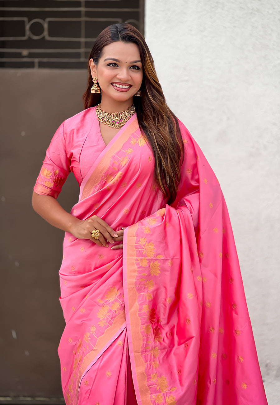 Mihira Powerloom Paithani Silk Ready To Wear Pocket Saree | Bright Rose Pink