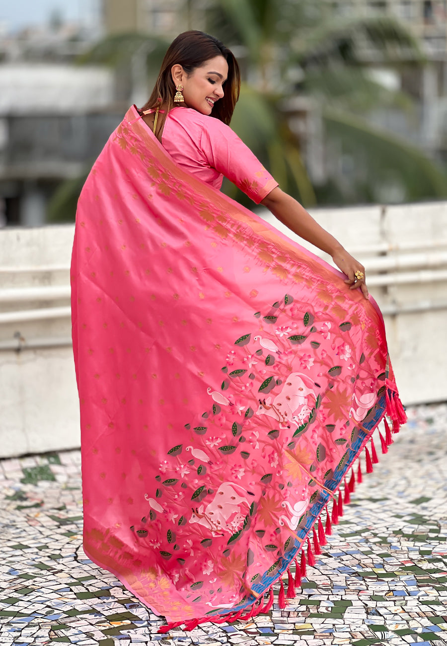 Mihira Powerloom Paithani Silk Ready To Wear Pocket Saree | Bright Rose Pink